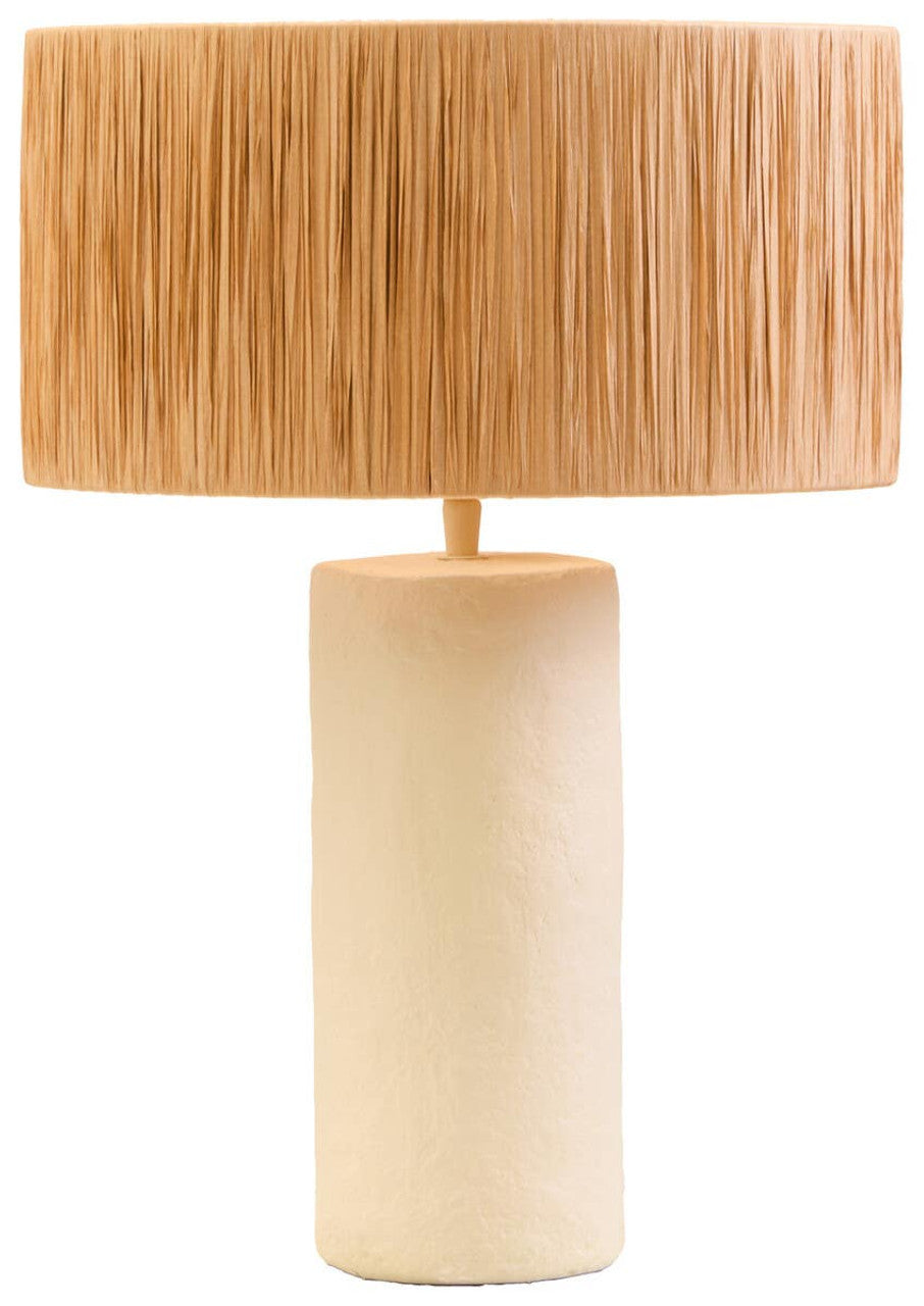 Table lamp with a beige cylindrical base and a textured brown shade on a white background