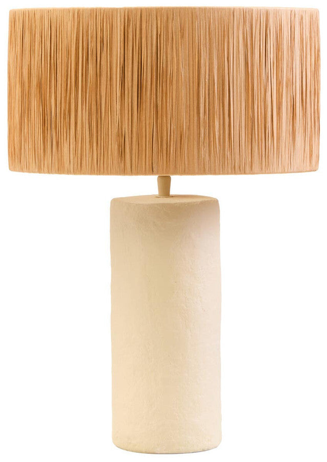 Table lamp with a wooden shade and cylindrical base on a white background