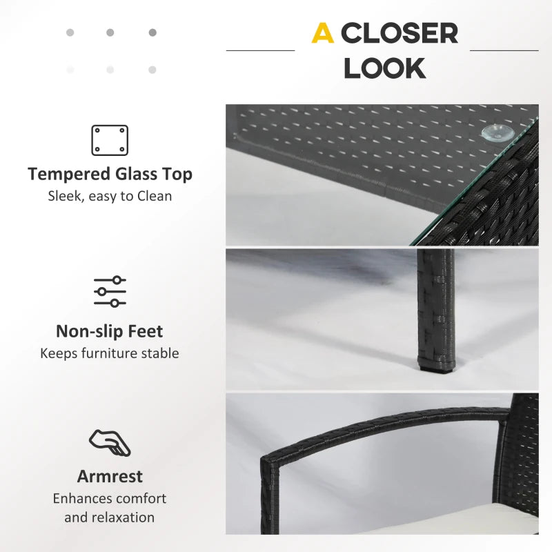 Product features of a table with tempered glass top, non-slip feet, and armrest.