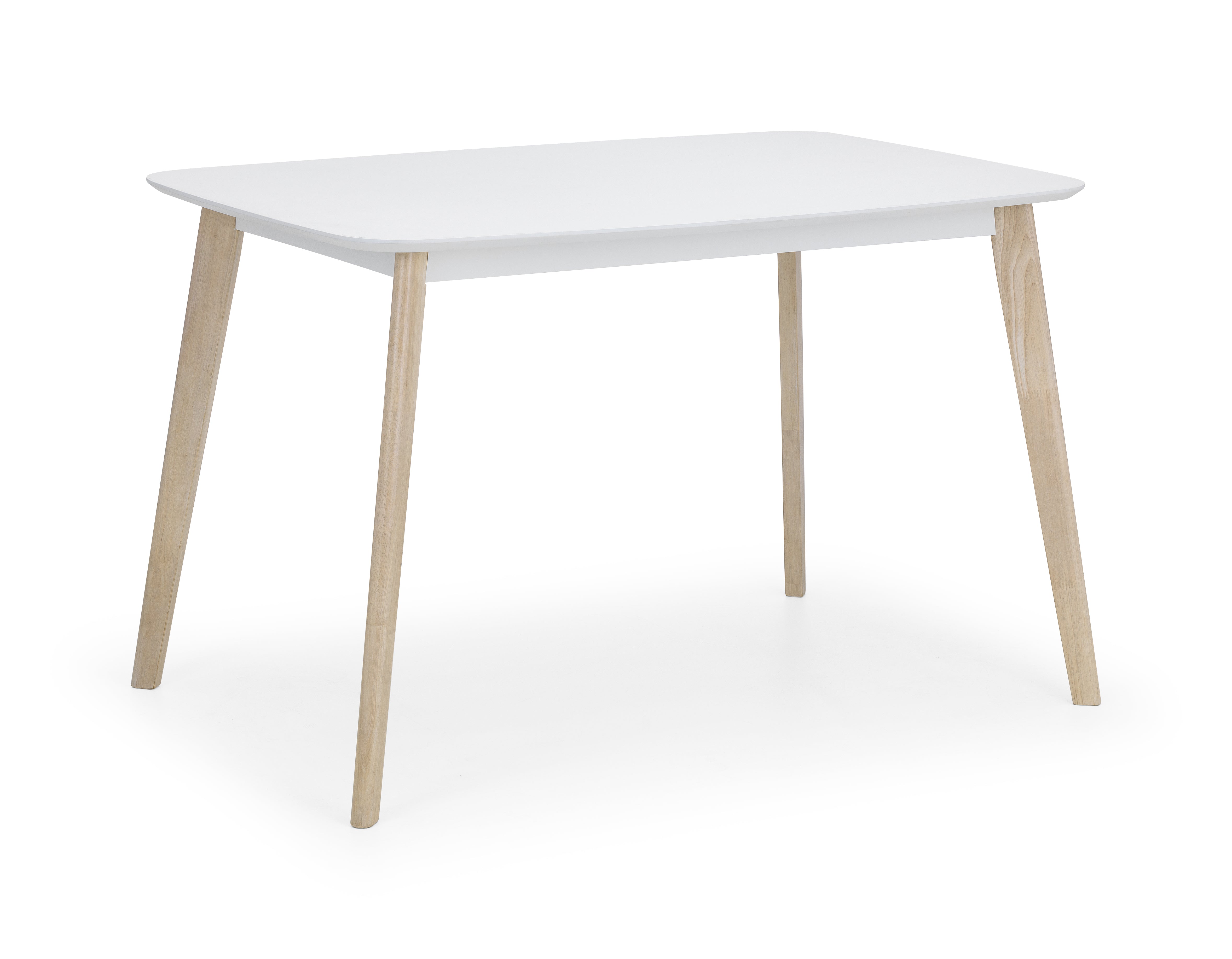 White table with light wood legs on a white background