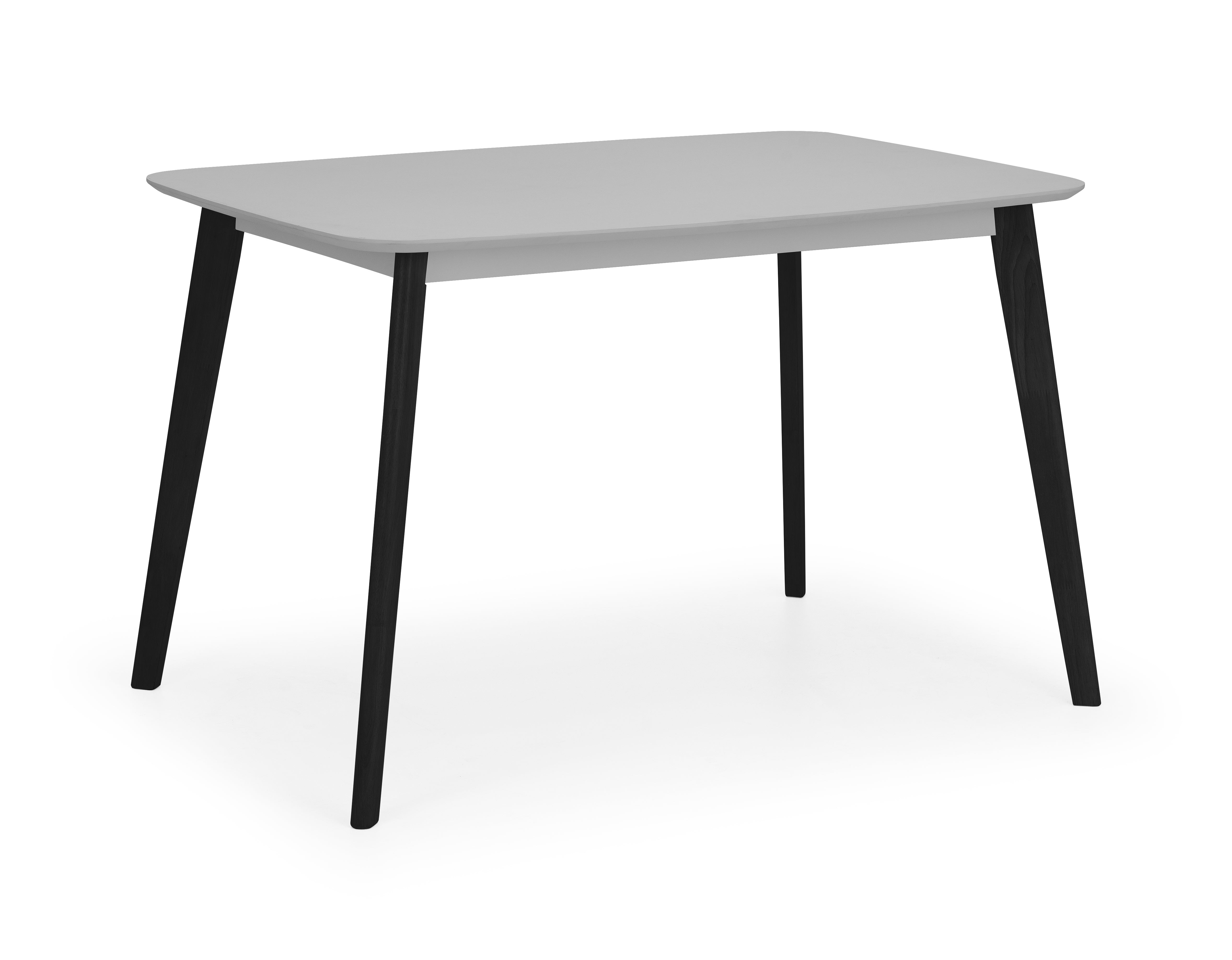 Rectangular table with a light gray top and black legs on a white background