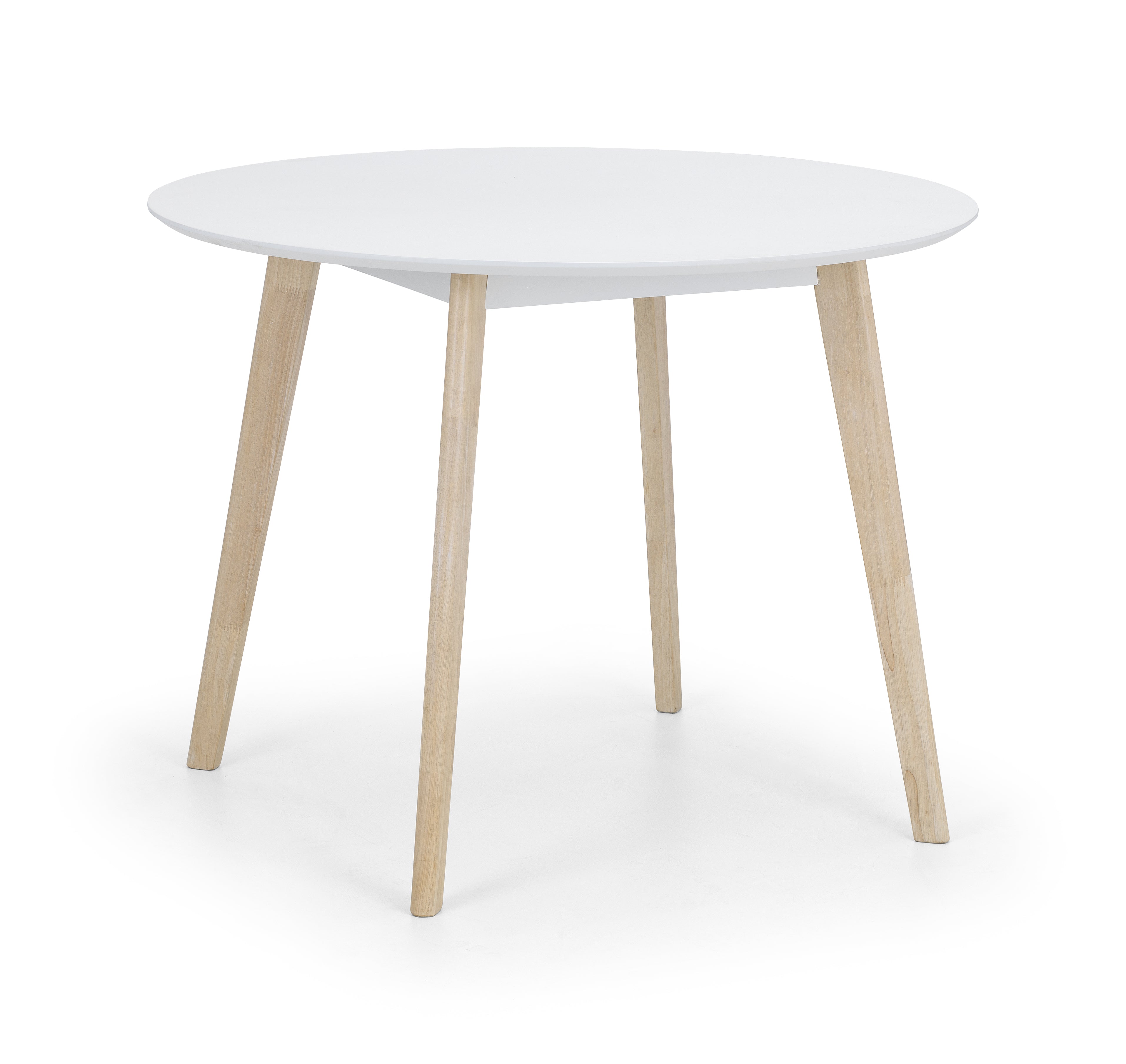 Round white table with wooden legs on a white background