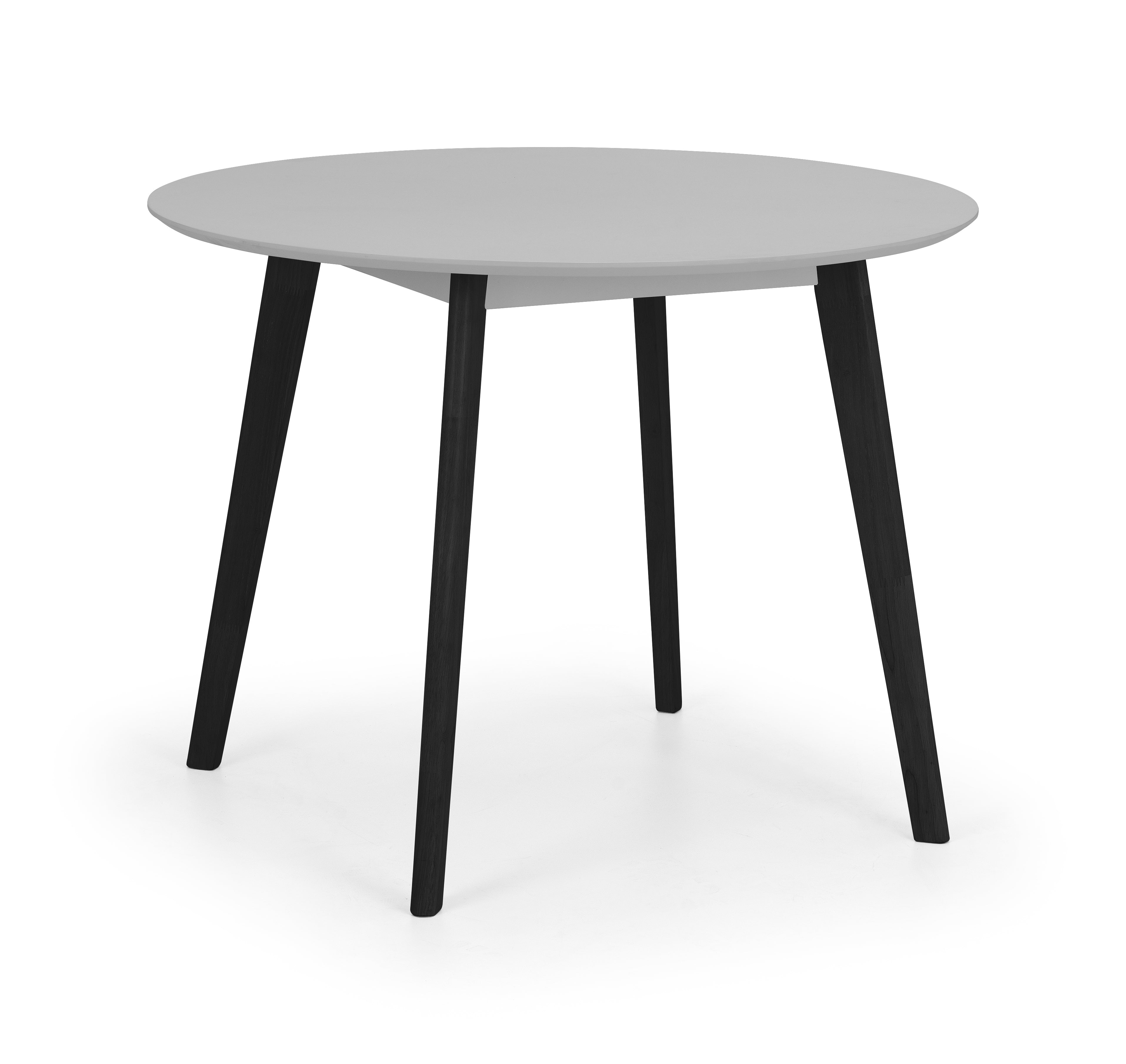 Round table with a gray top and black legs on a white background