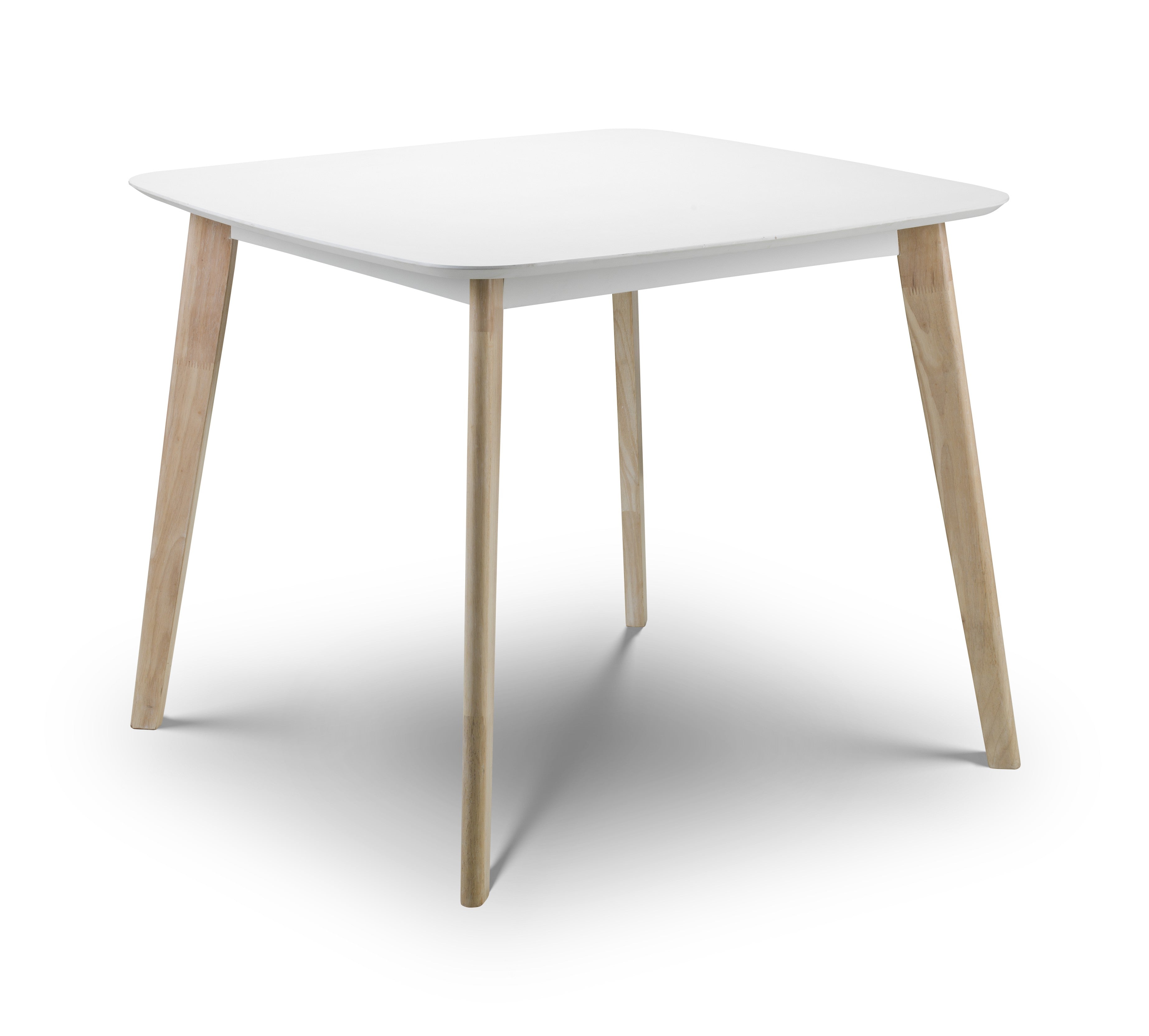 White table with light wood legs on a white background