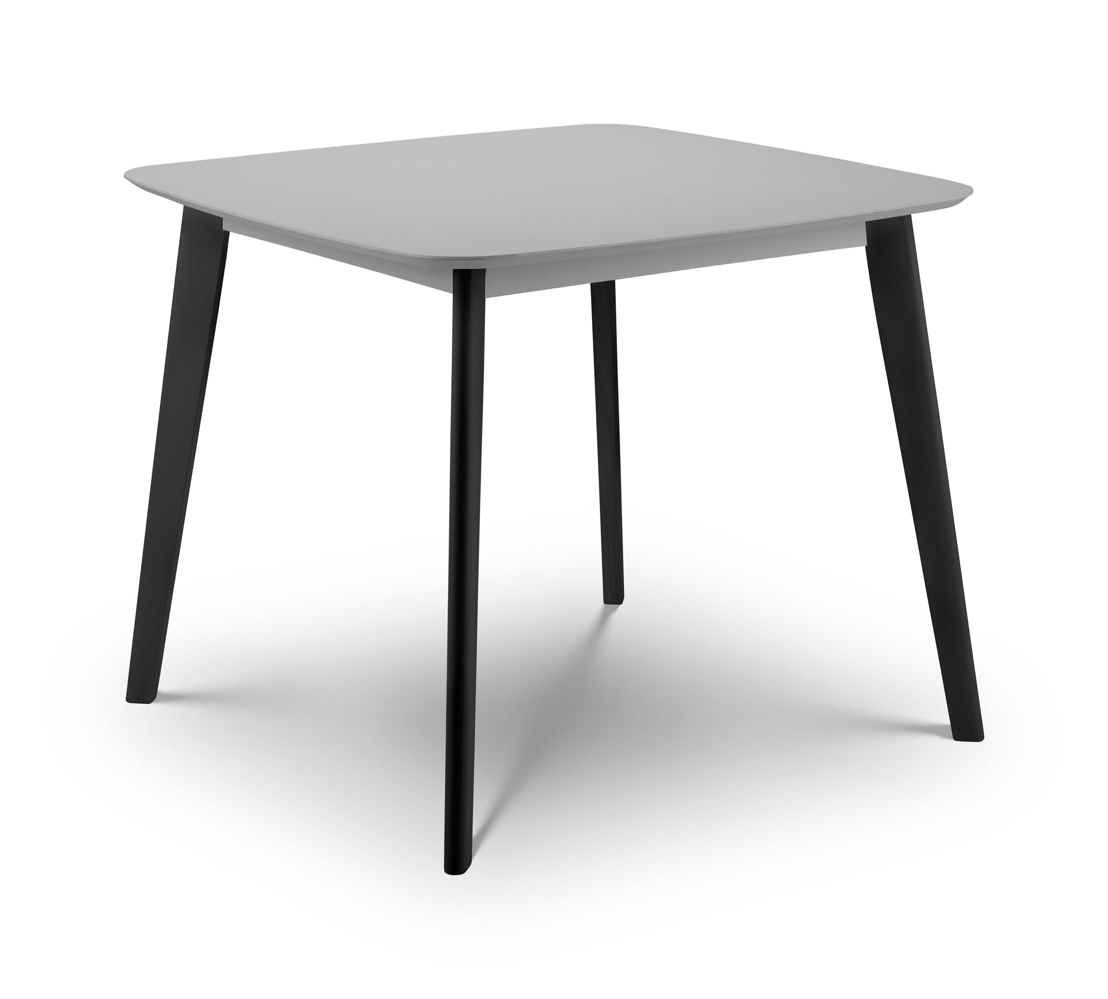 Square table with a light top and black legs on a white background