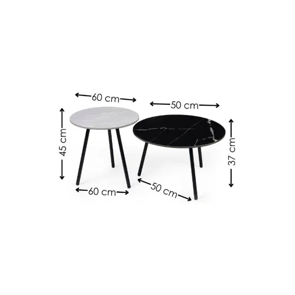 White and black circular tables on a white background.