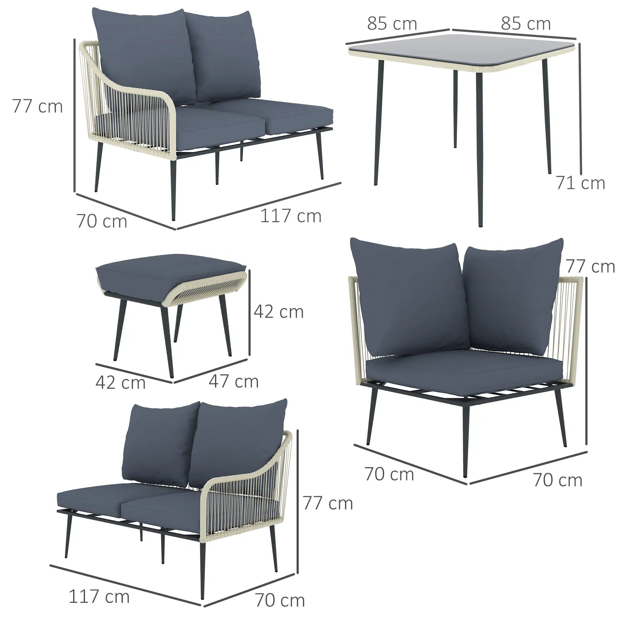 Outdoor furniture set with dimensions displayed