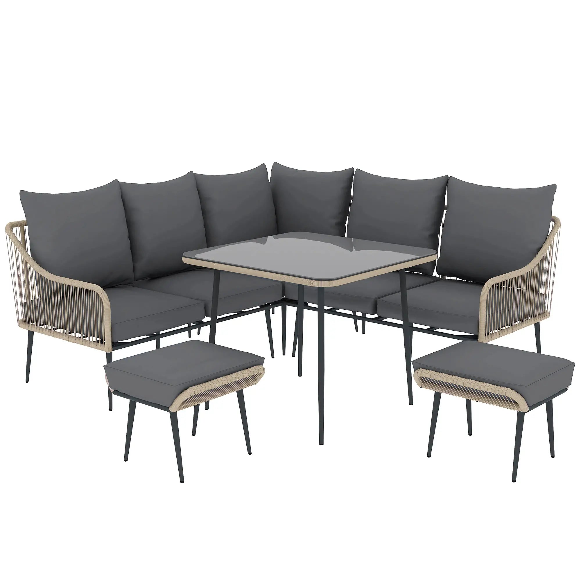 Outdoor furniture set with gray cushions on a white background