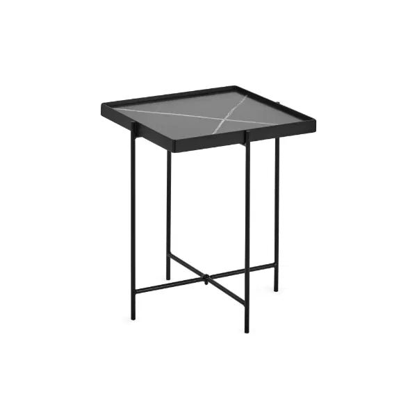 Small black metal table with a glass top on a white background