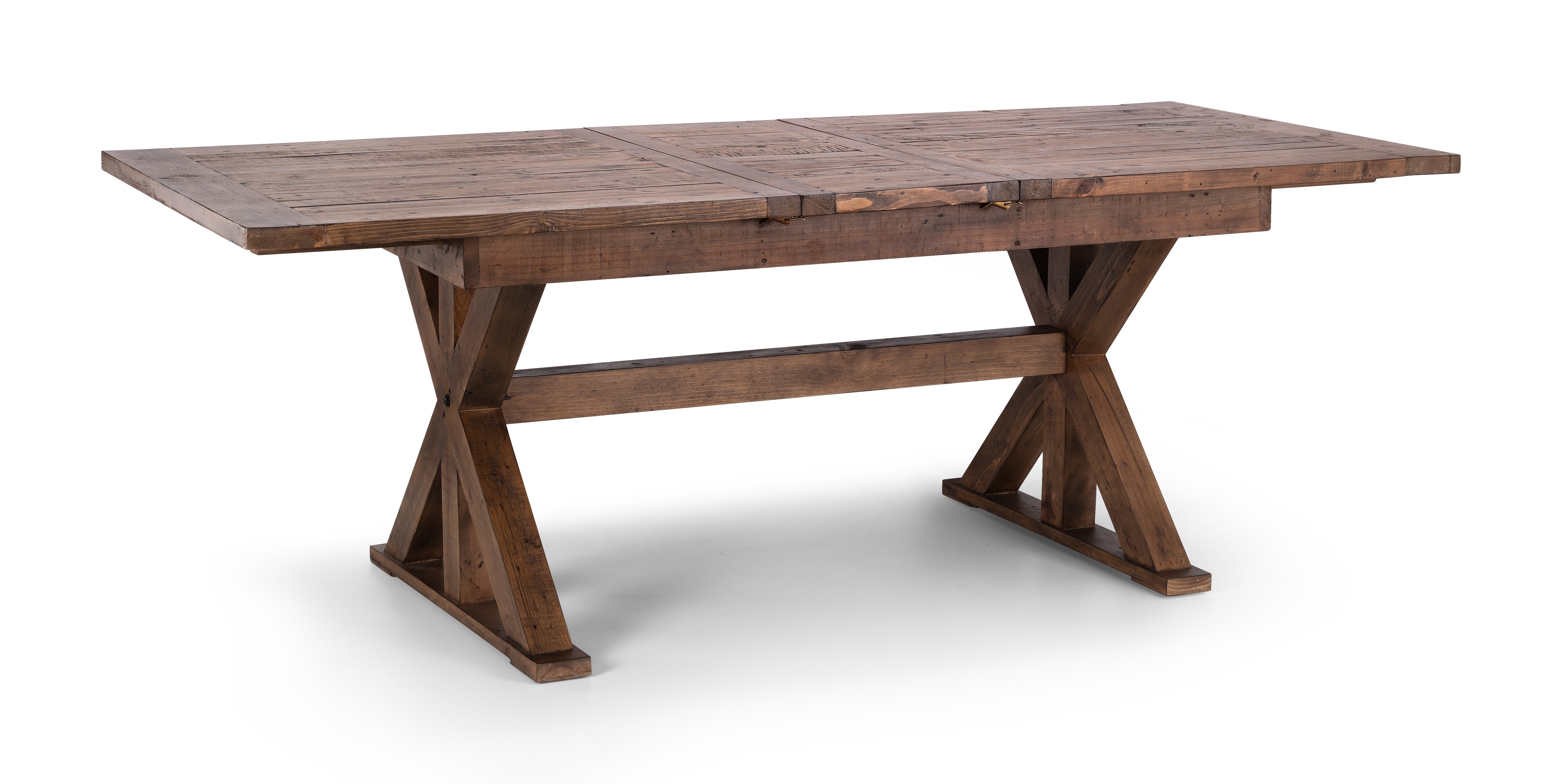 Wooden dining table with X-shaped legs on a white background