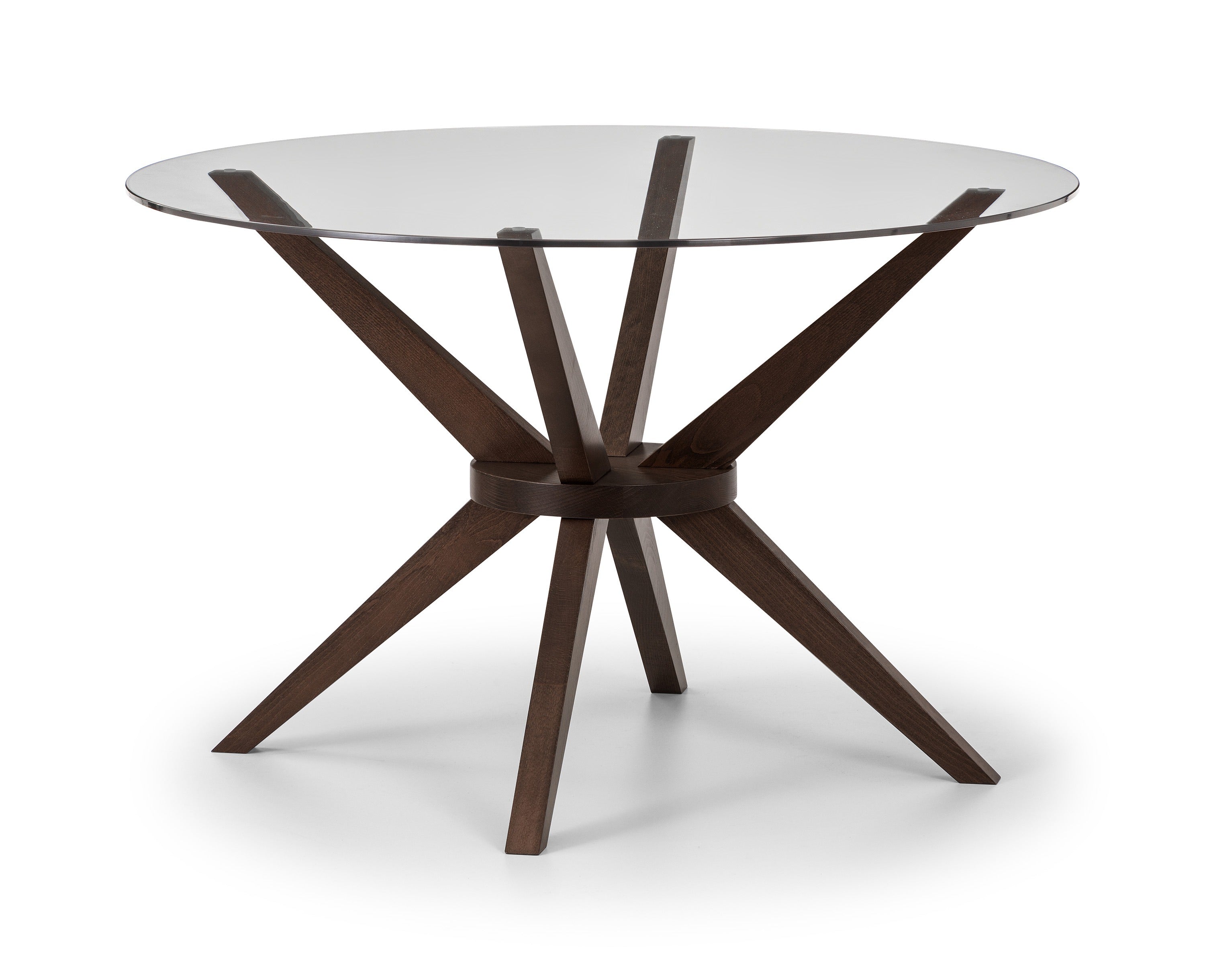 Glass-top table with a wooden starburst base on a white background