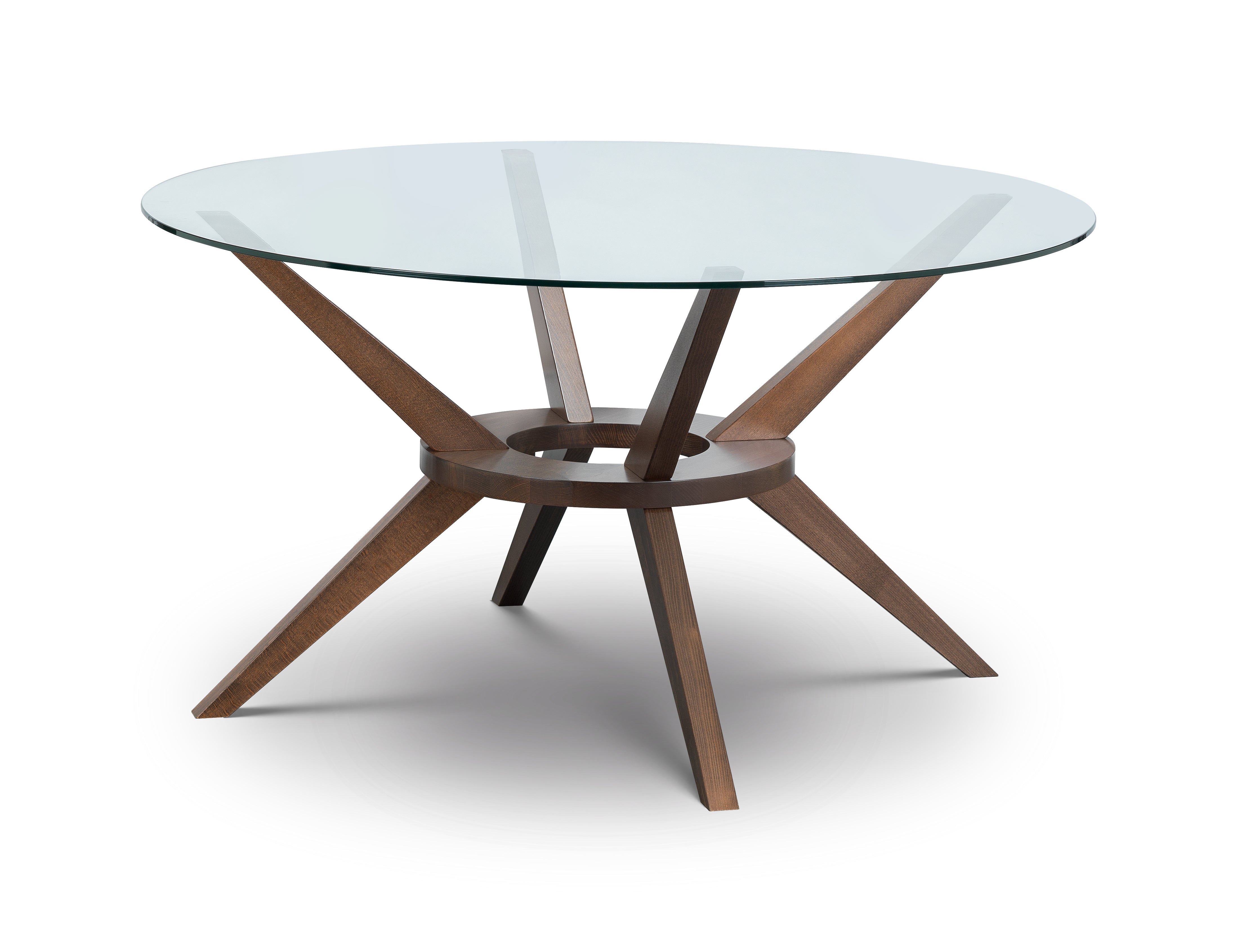 Glass-top table with wooden star-shaped base on a white background