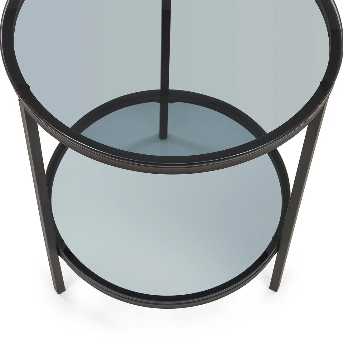 Round glass side table with black metal frame on a white background
