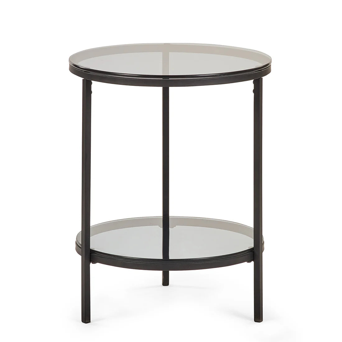 Round side table with glass top and shelf on a white background