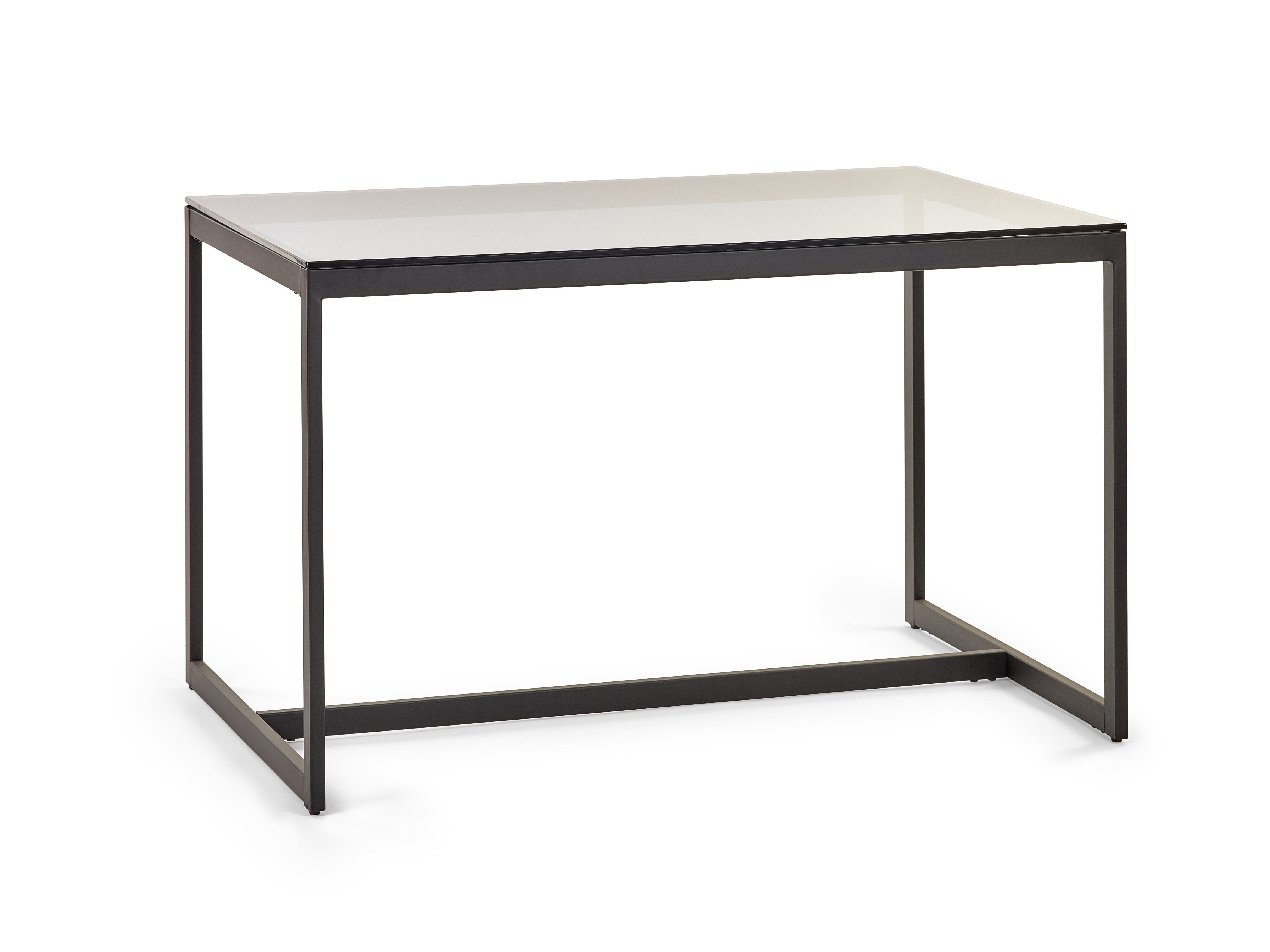 Rectangular table with a white top and black metal frame on a white background