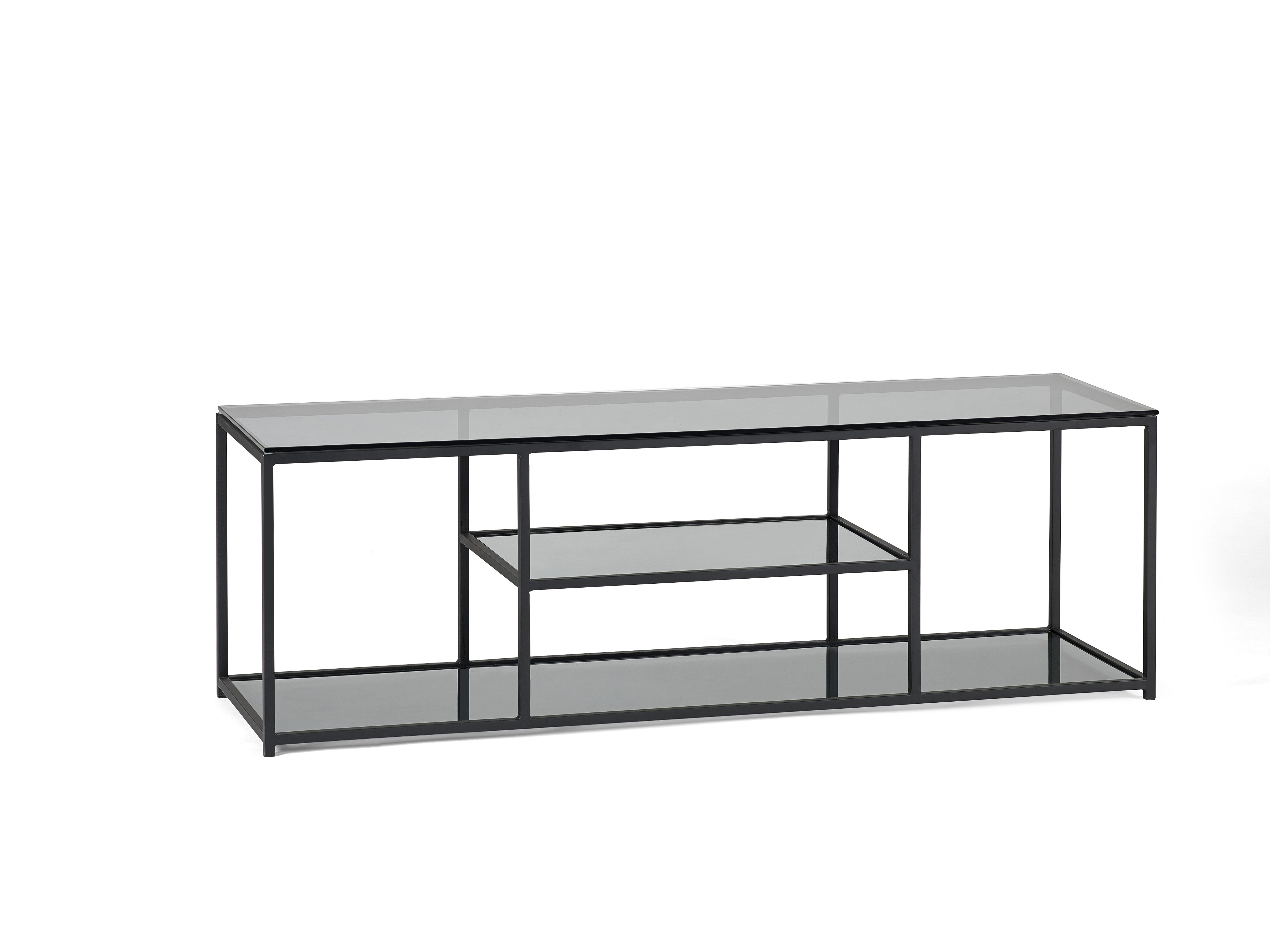 Glass TV stand with black metal frame on a white background