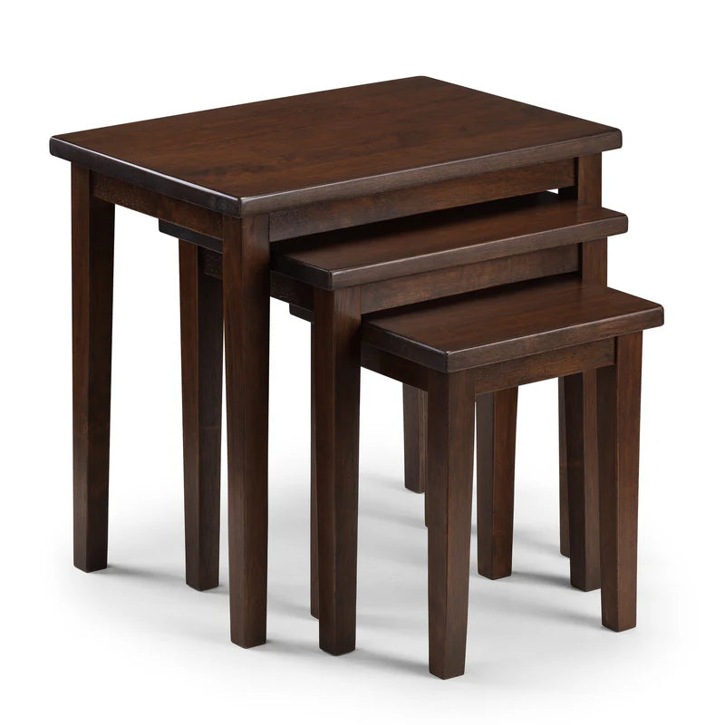 Set of three nested wooden tables on a white background