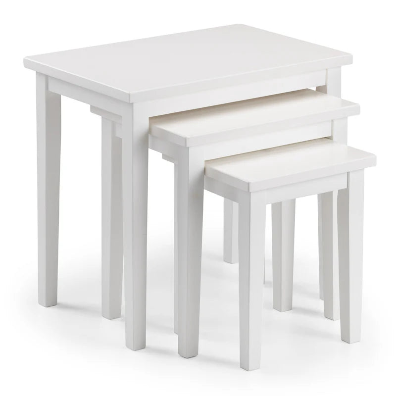 Set of three white nesting tables on a white background