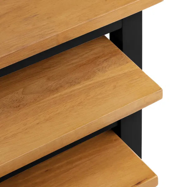 Wooden tables with a black metal frame on a white background