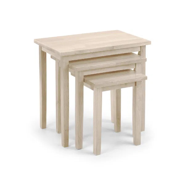Set of three nested wooden tables on a white background