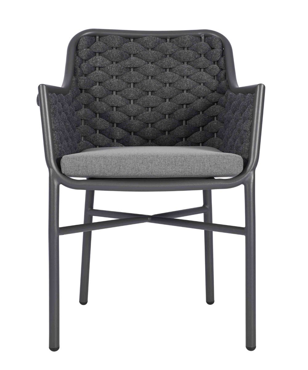 Gray armchair with woven backrest on a white background