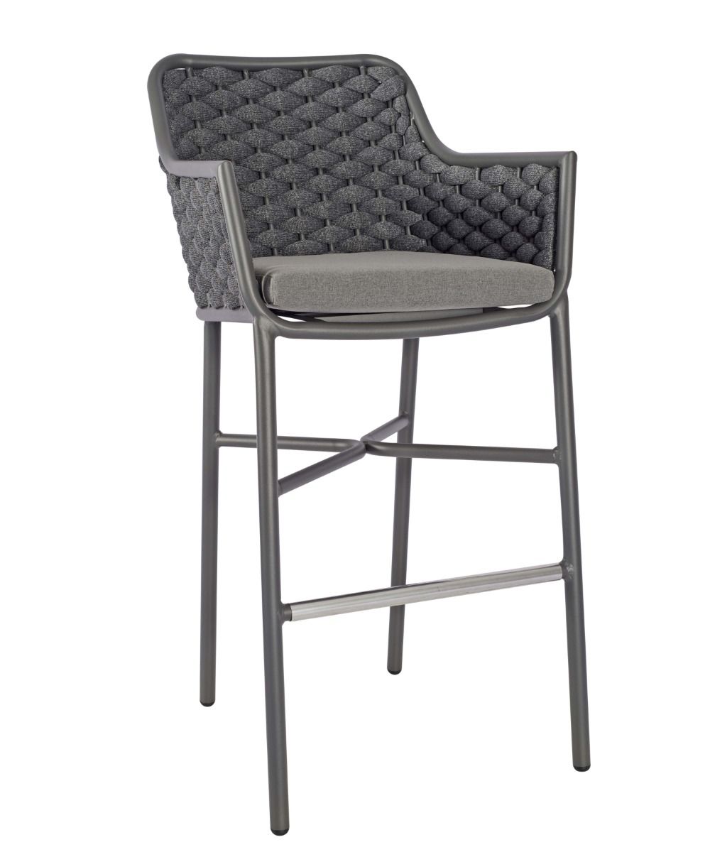 Gray bar stool with quilted backrest and cushion on a white background