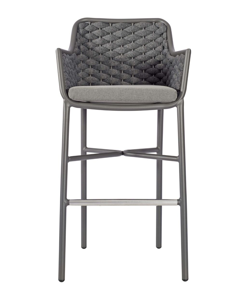 Gray bar stool with quilted backrest and cushion on a white background