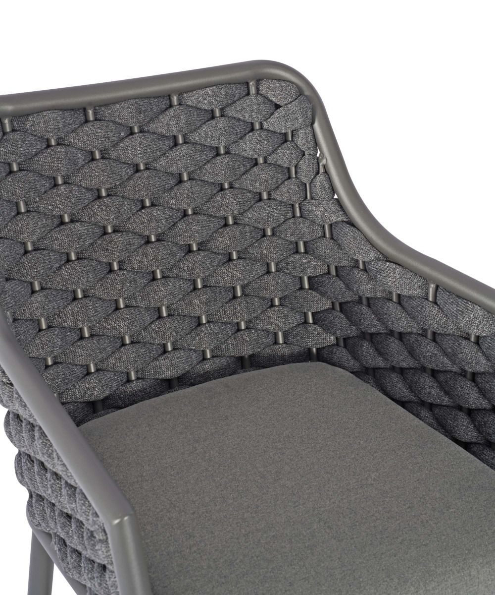 Gray woven chair with a cushioned seat on a white background