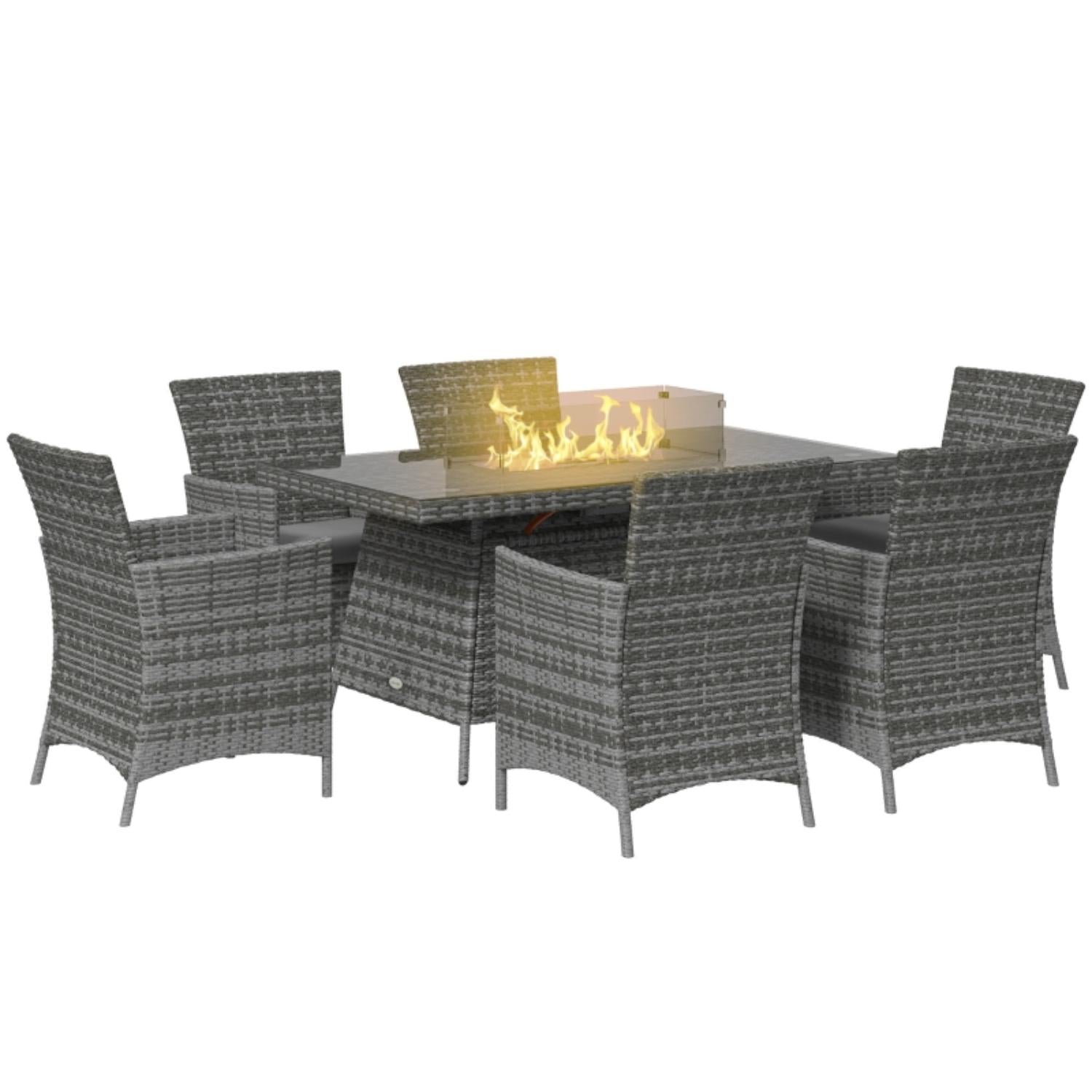 Outdoor patio set with fire pit table and chairs on a white background