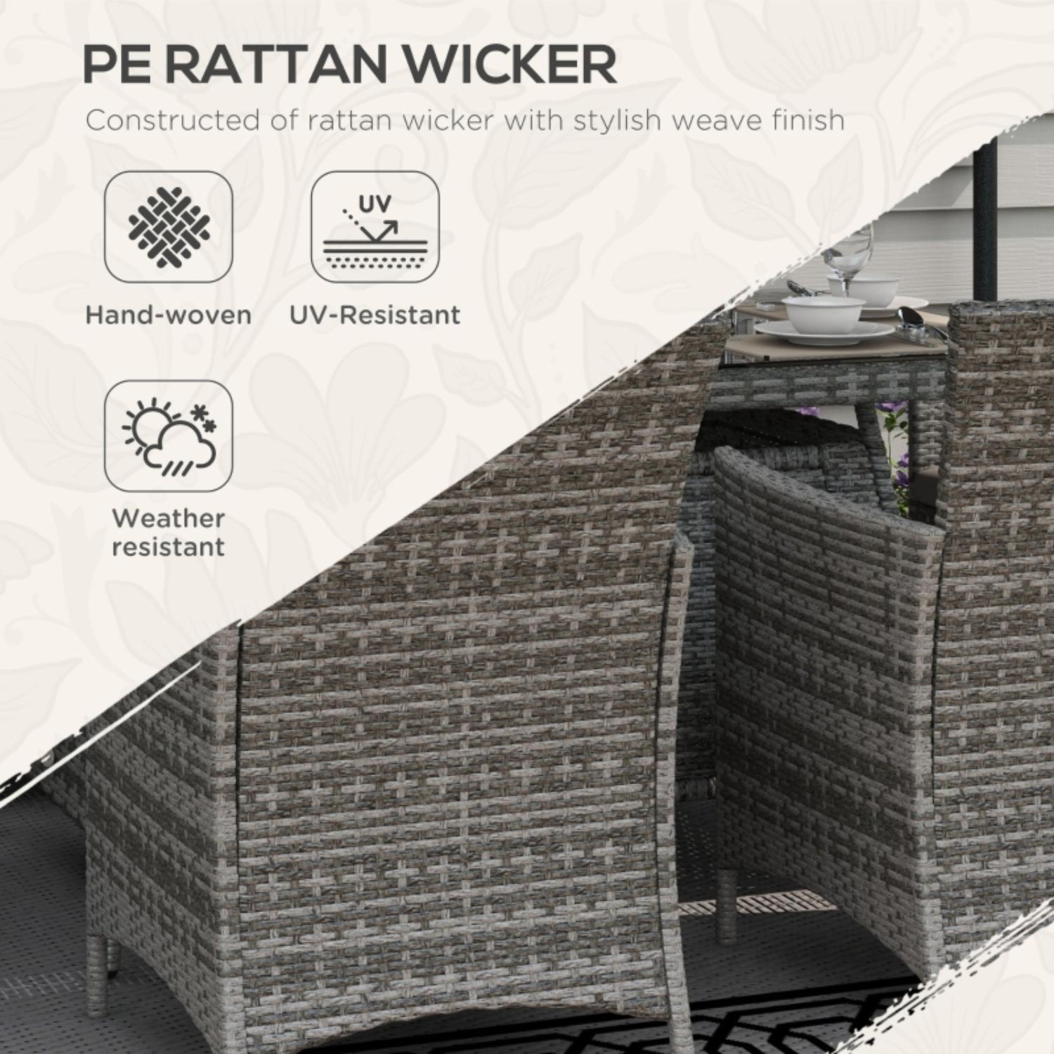 Rattan wicker furniture set with PE rattan wicker material, hand-woven, UV-resistant, and weather-resistant features.