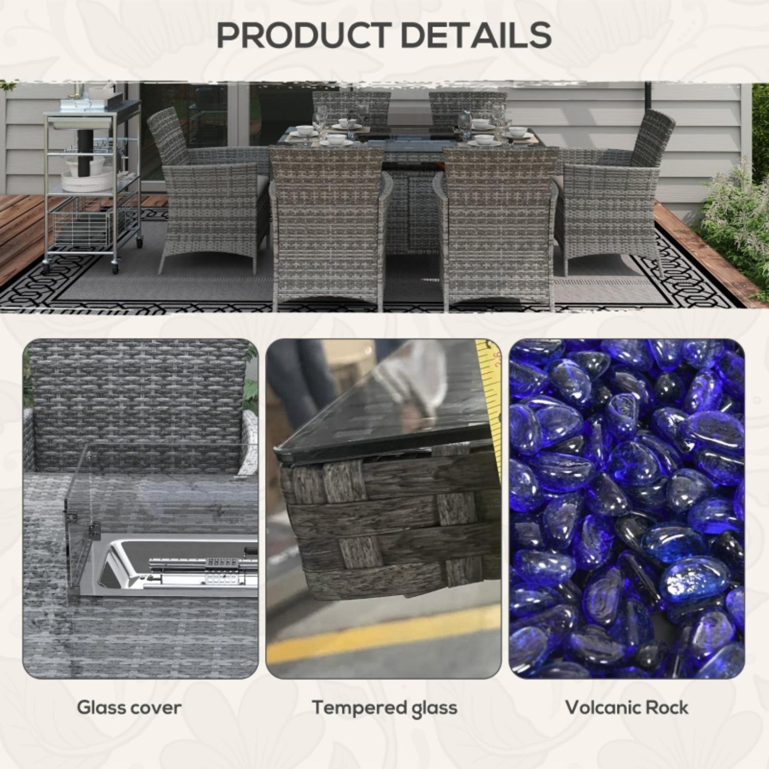 Product details of outdoor furniture set with glass cover, tempered glass, and volcanic rock.