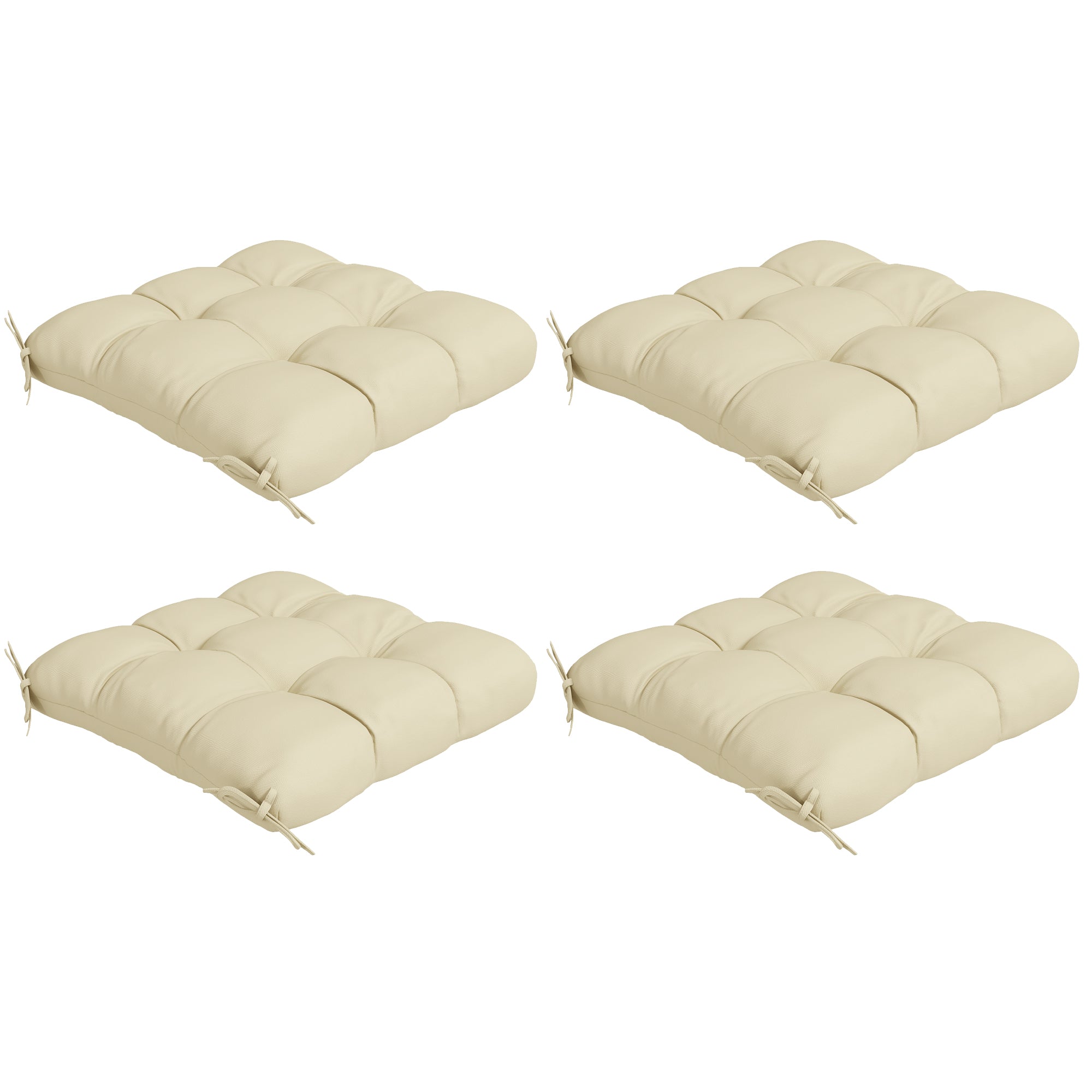Four beige cushioned chair pads on a white background
