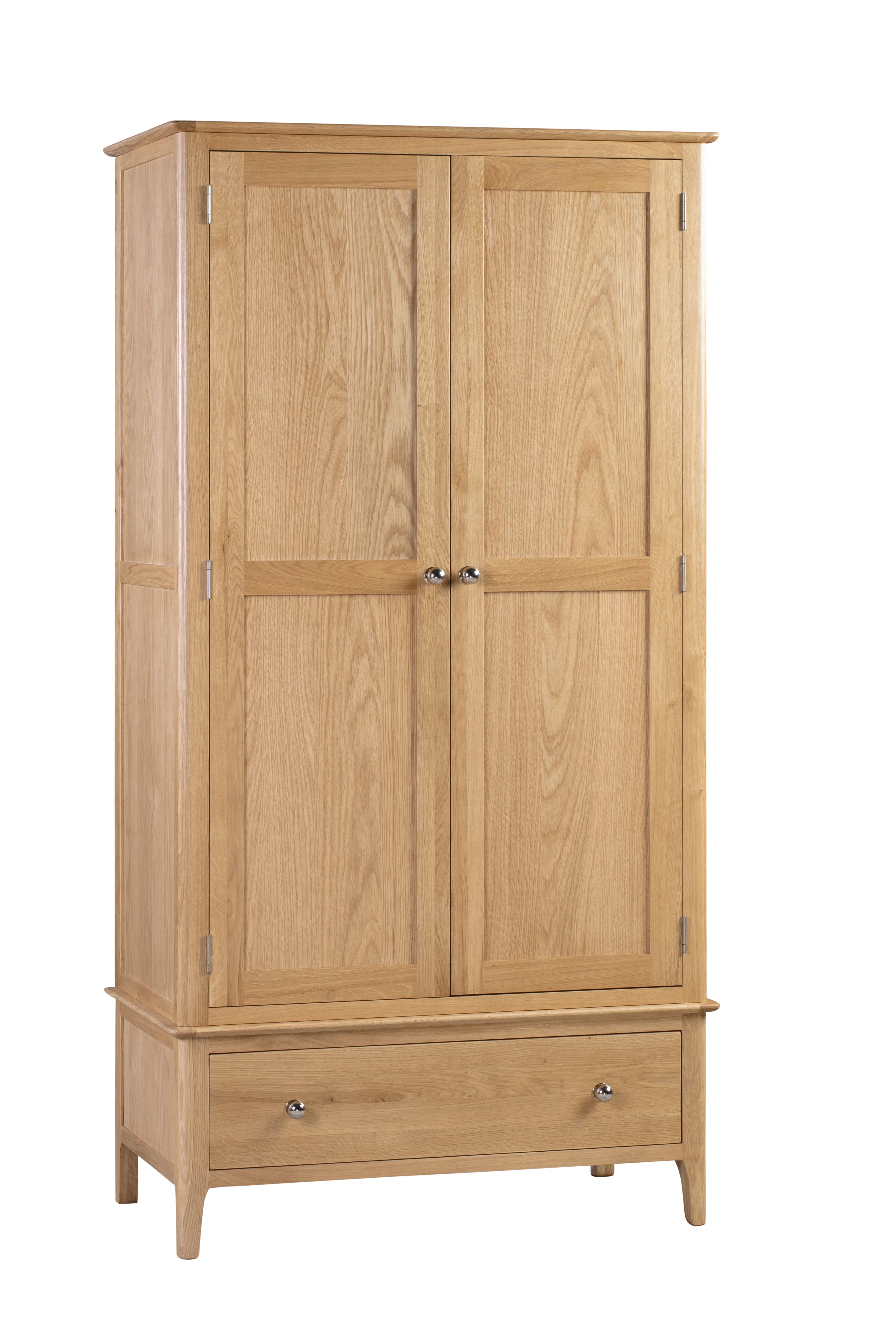 Wooden wardrobe with two doors and a drawer on a white background