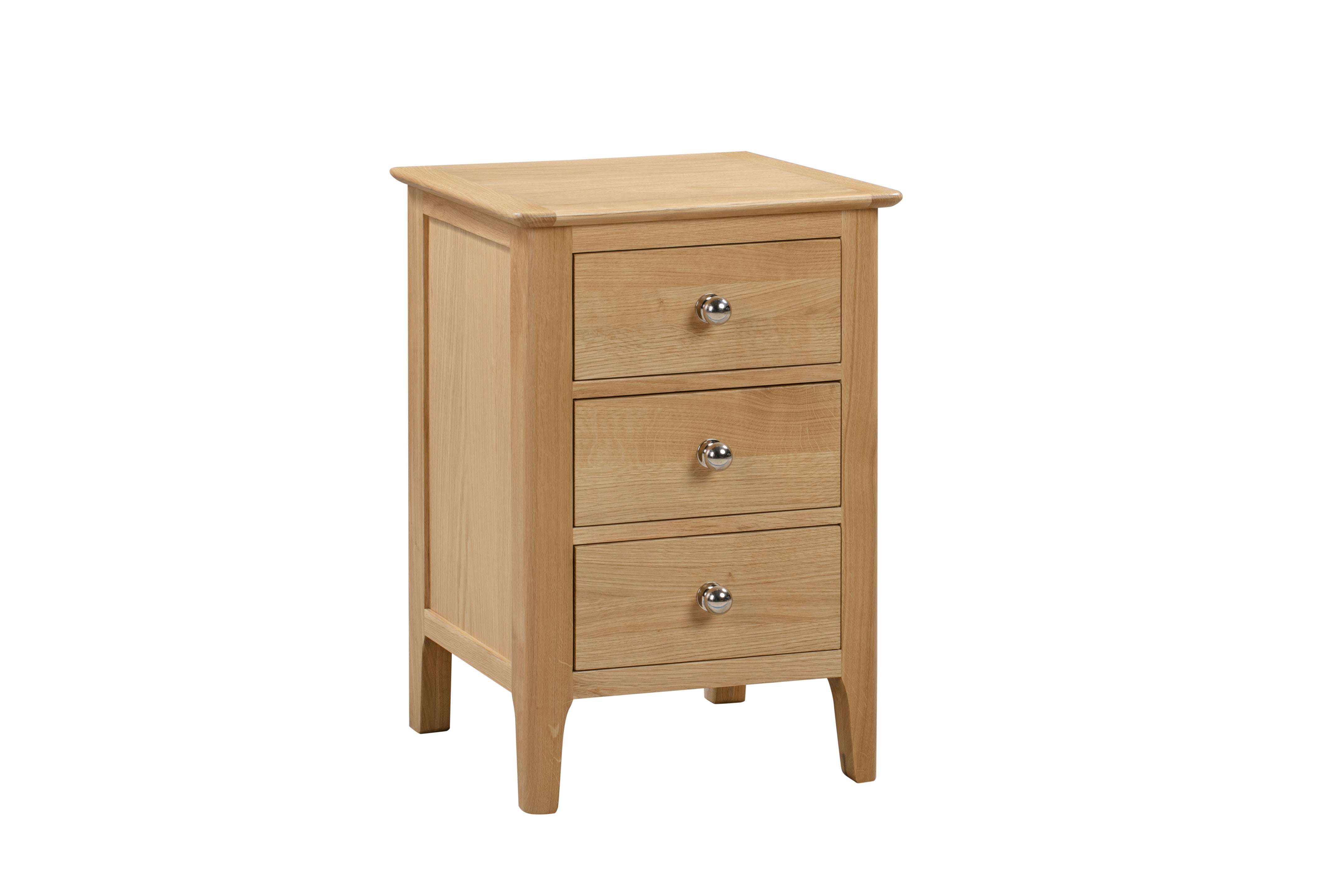 Wooden nightstand with three drawers on a white background