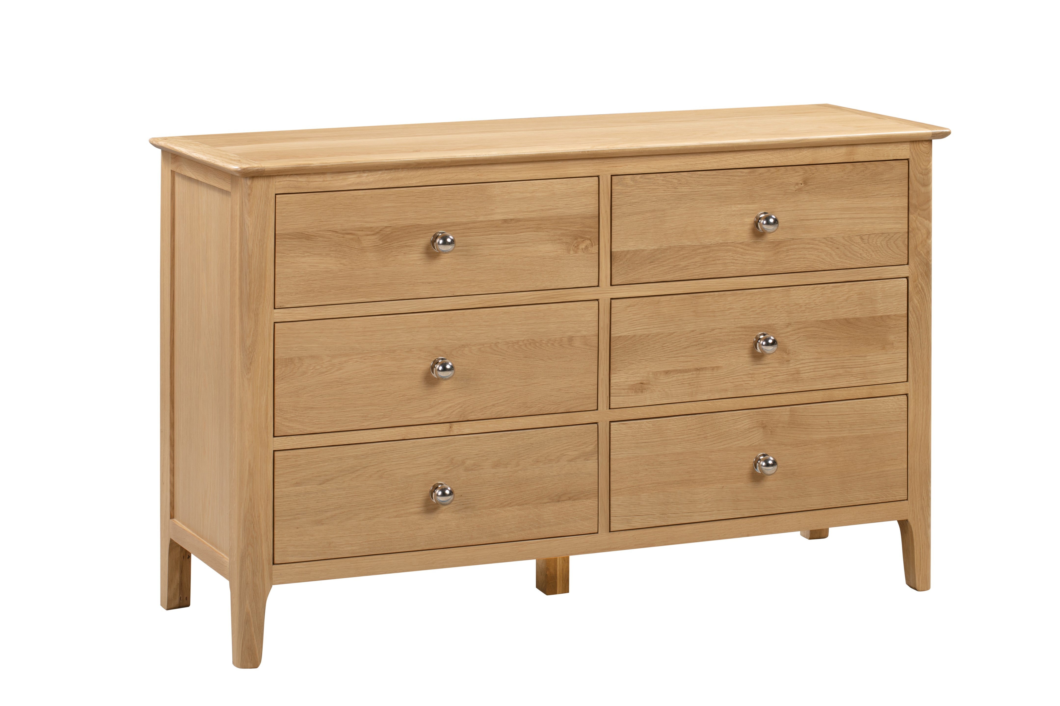 Wooden dresser with six drawers on a white background
