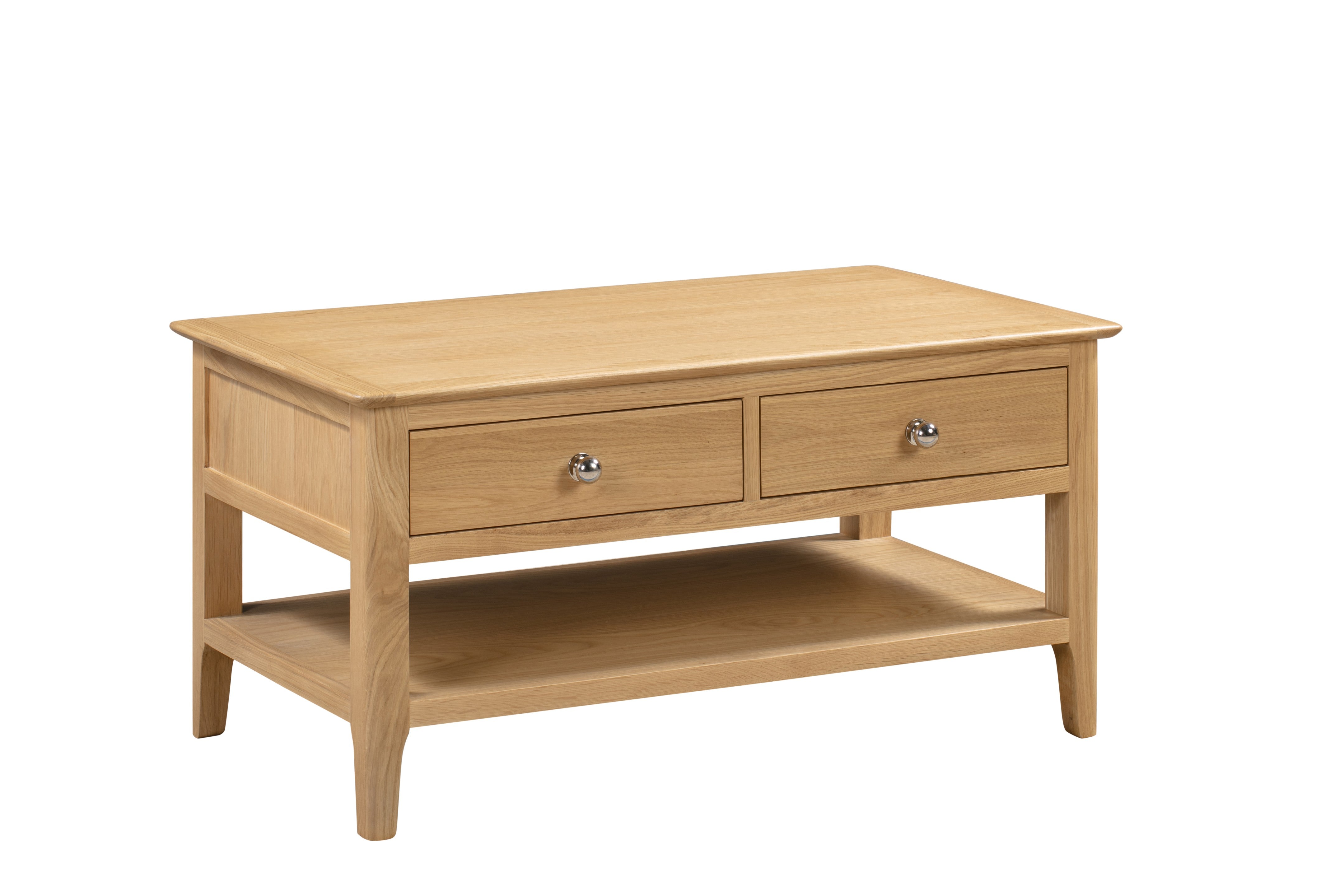 Wooden coffee table with two drawers on a white background