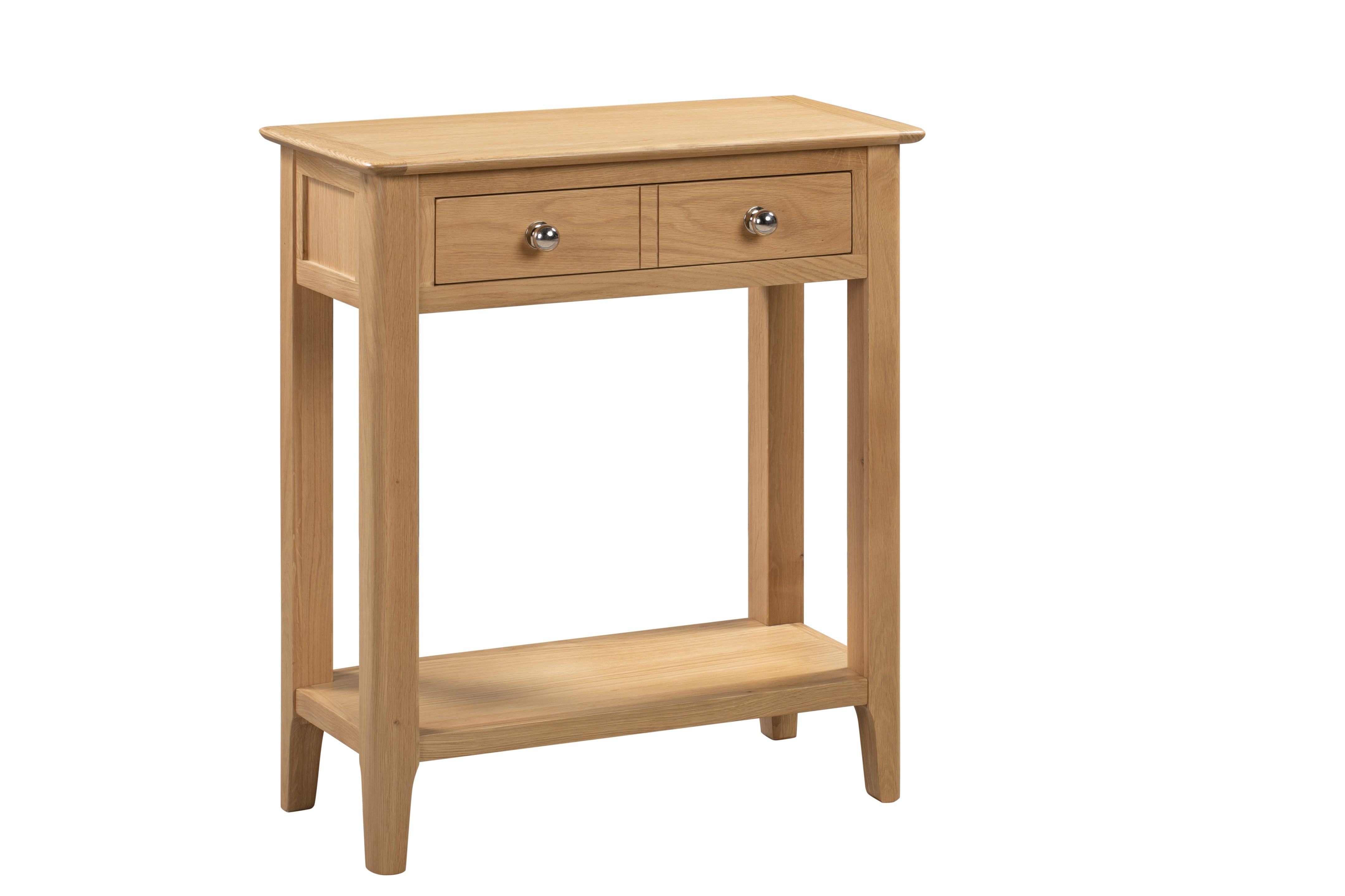 Wooden side table with two drawers on a white background