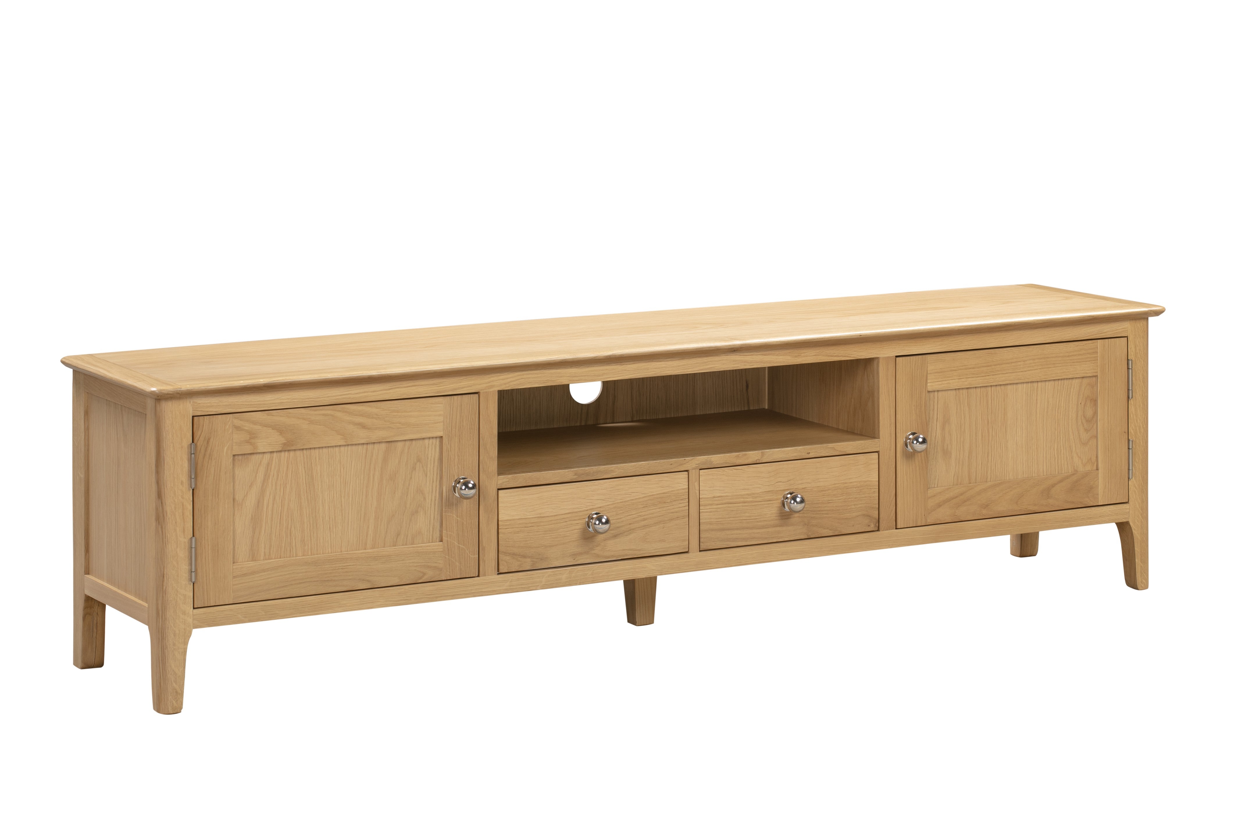 Wooden TV stand with multiple compartments on a white background