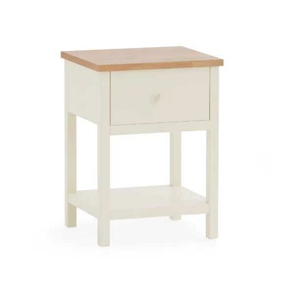 White side table with a wooden top on a white background