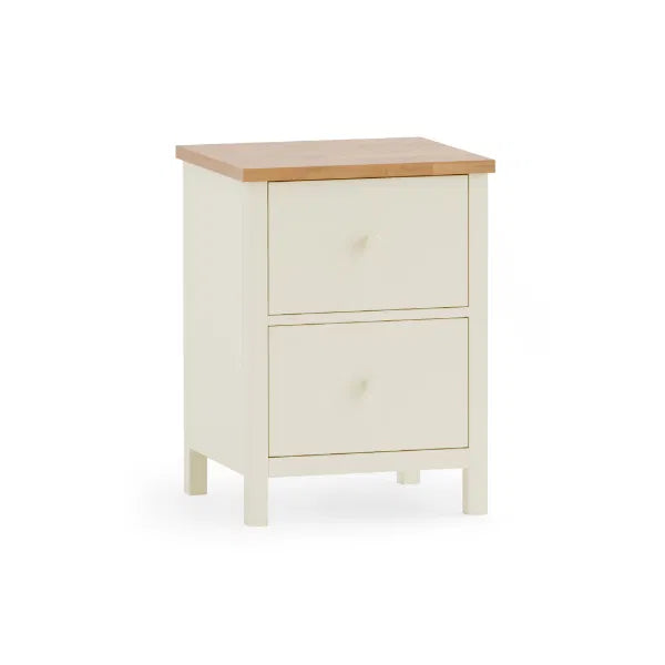 White nightstand with wooden top on a white background