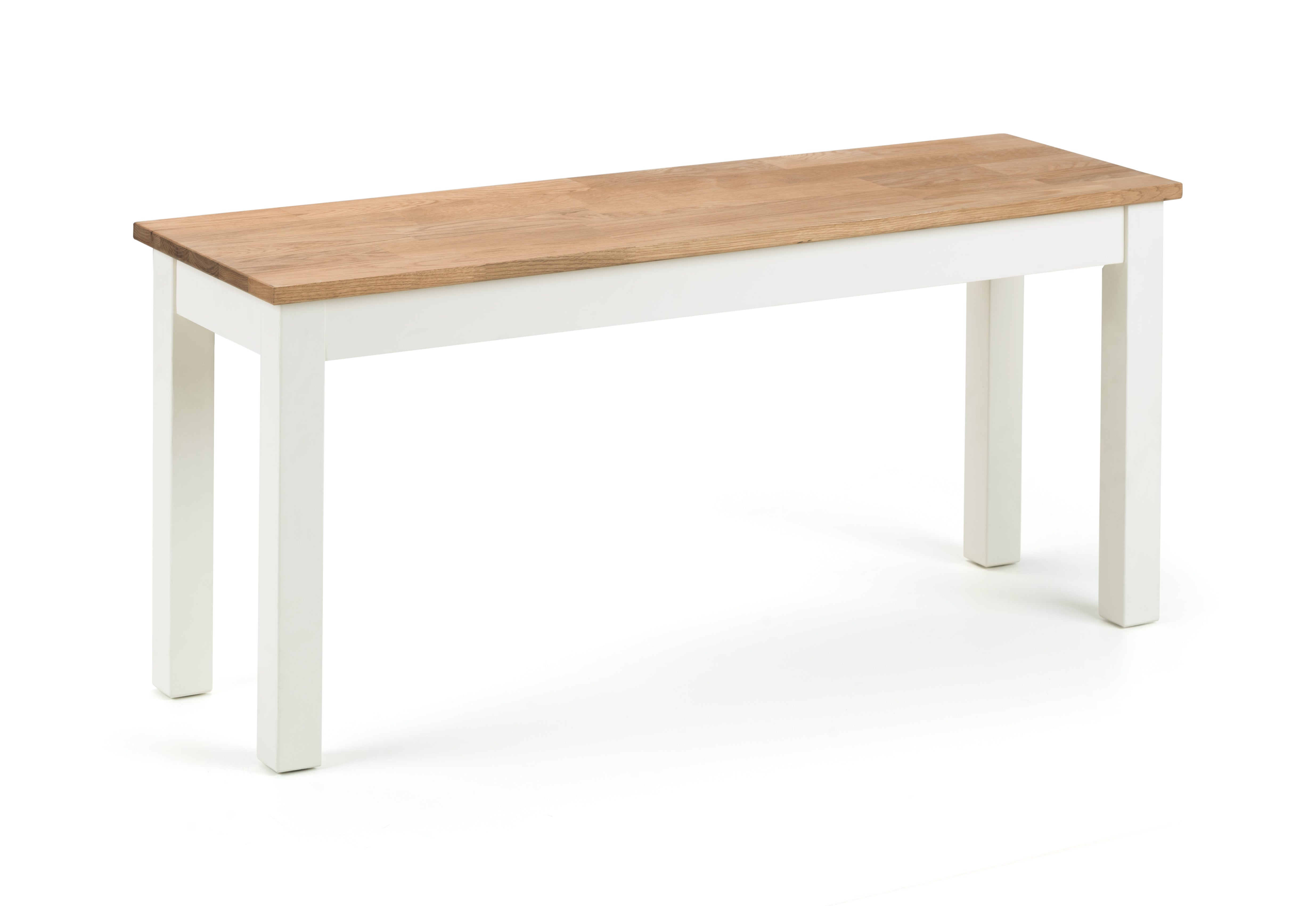 Dining table with wooden top and white base on a white background