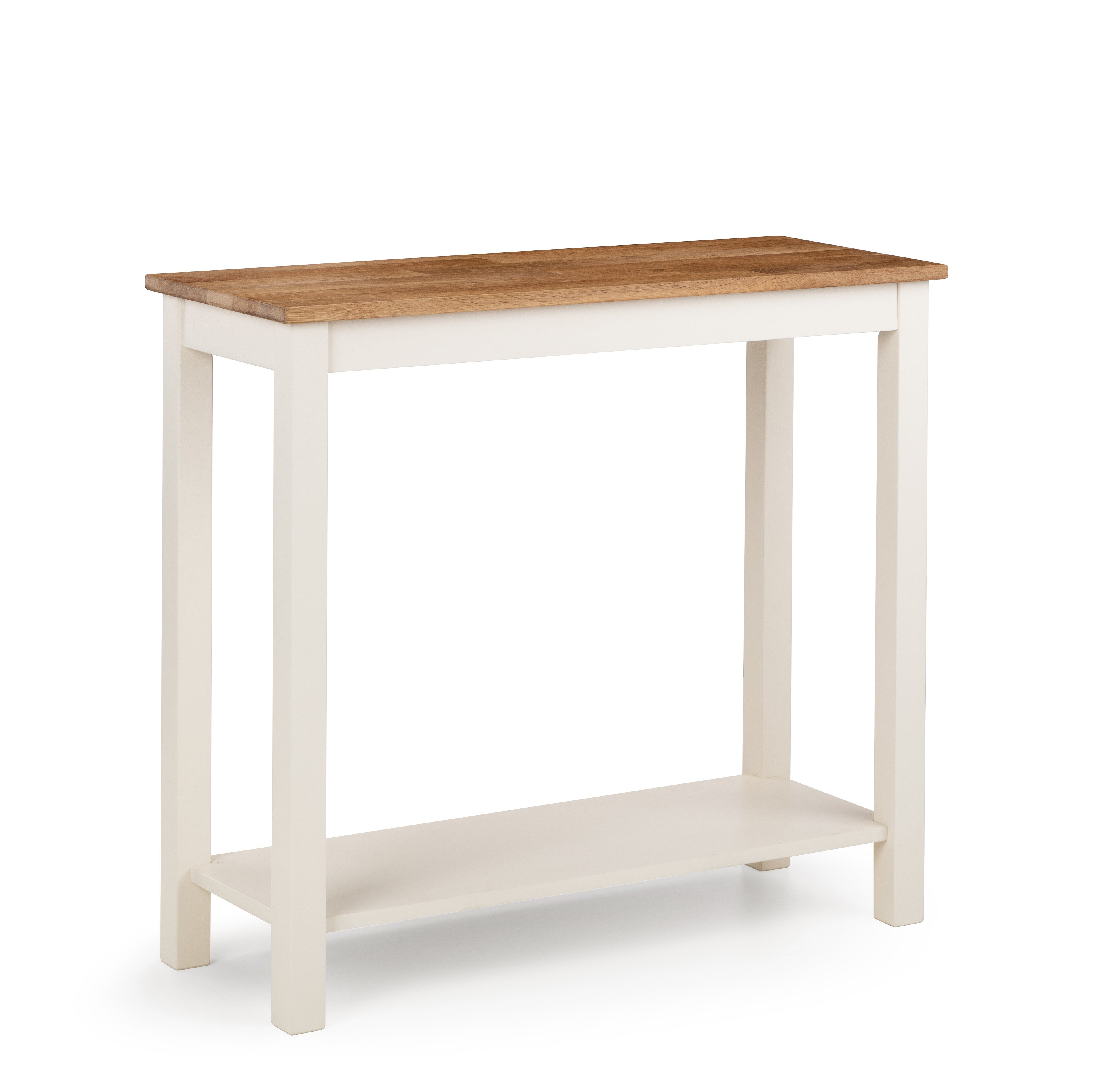 White console table with a wooden top on a white background
