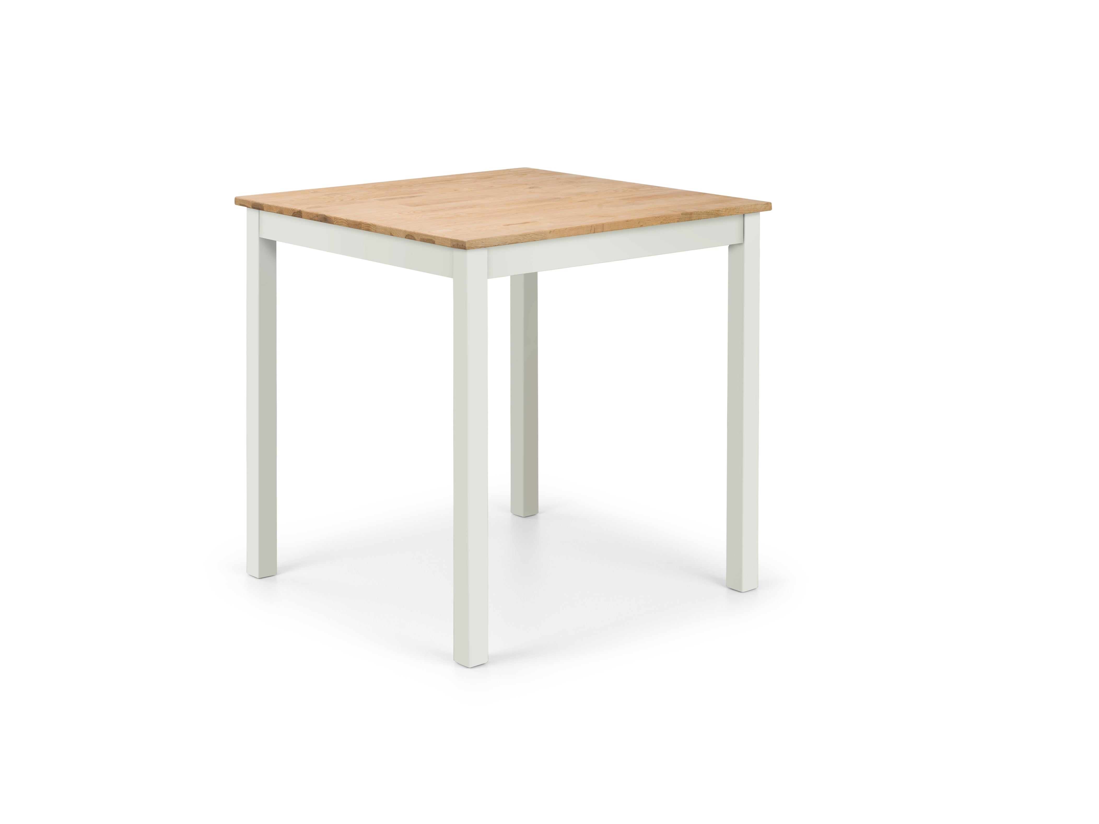 Square table with wooden top and white legs on a white background