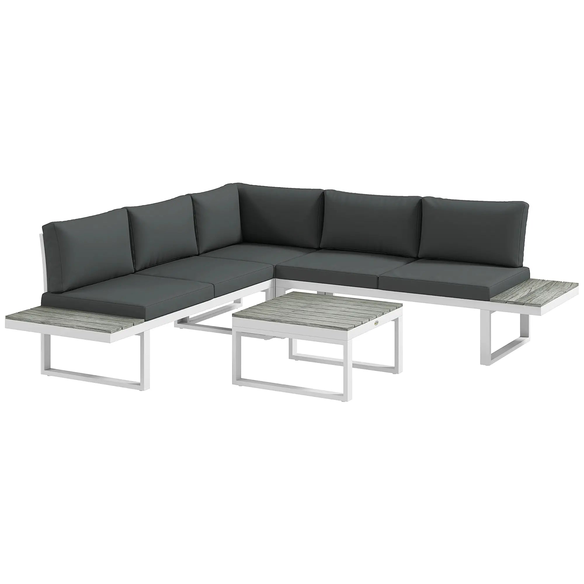 Outdoor sectional sofa with dark cushions and a small table on a white background