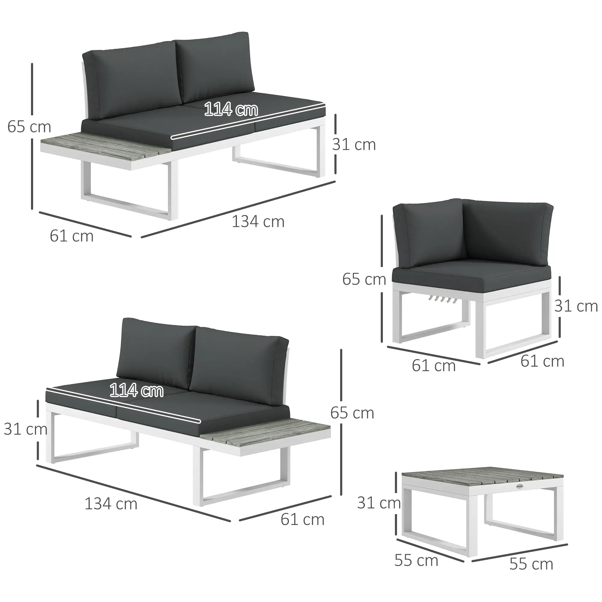 Outdoor furniture set with dimensions labeled on a white background
