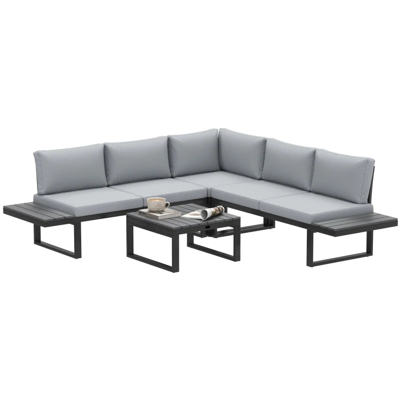 Outdoor sectional sofa with gray cushions and a coffee table on a white background