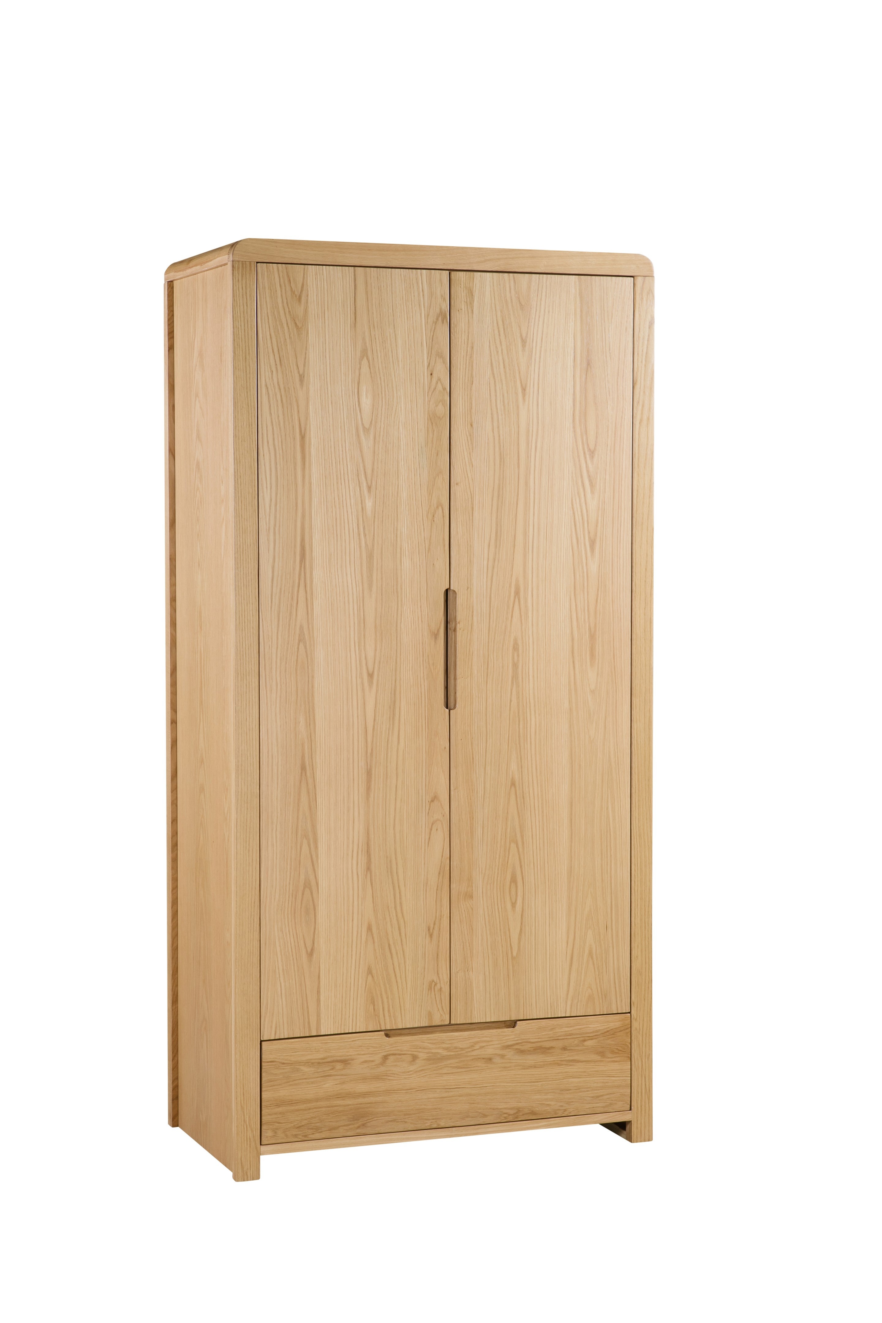 Wooden wardrobe with two doors and a drawer on a white background
