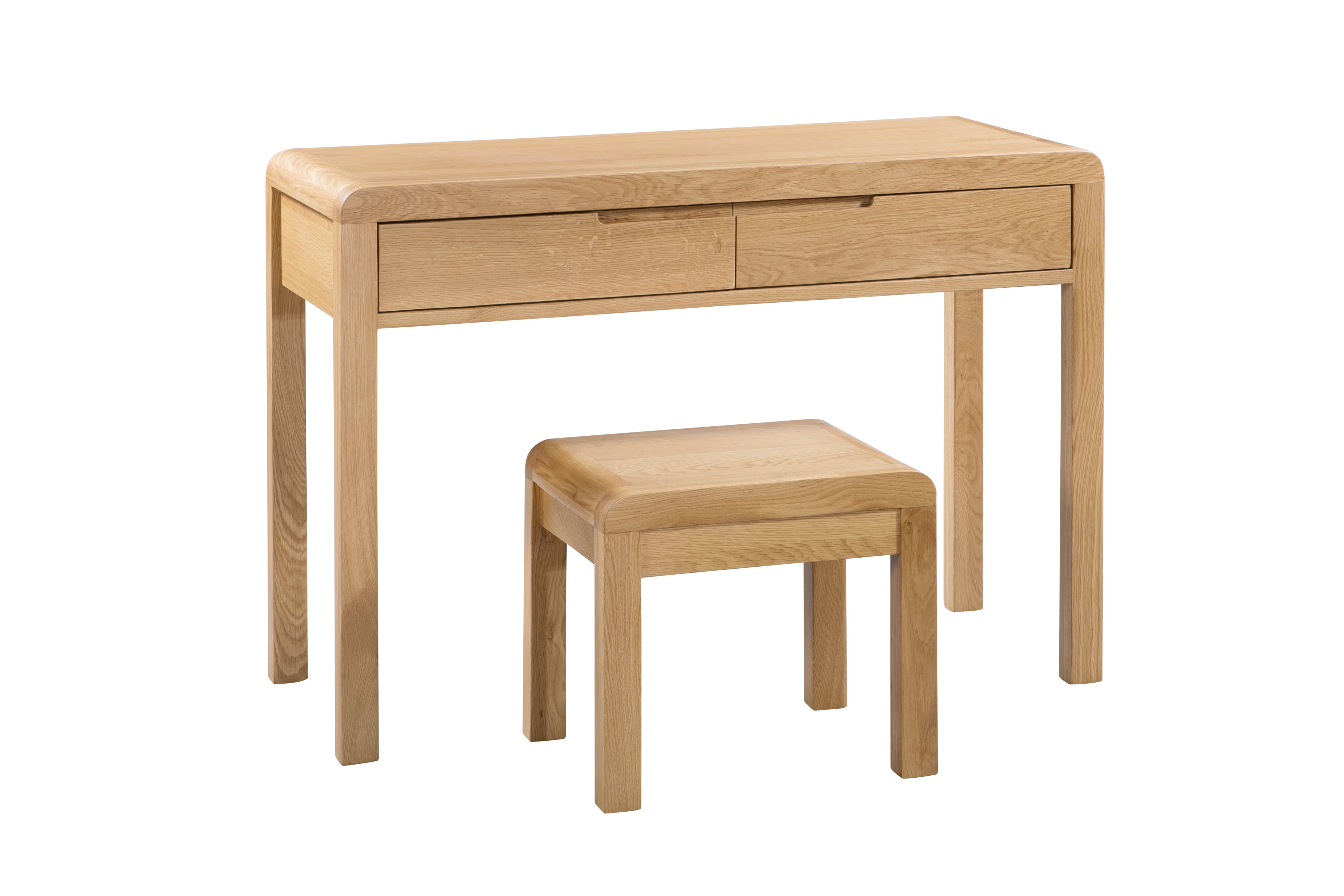 Wooden desk with two drawers and a matching stool on a white background