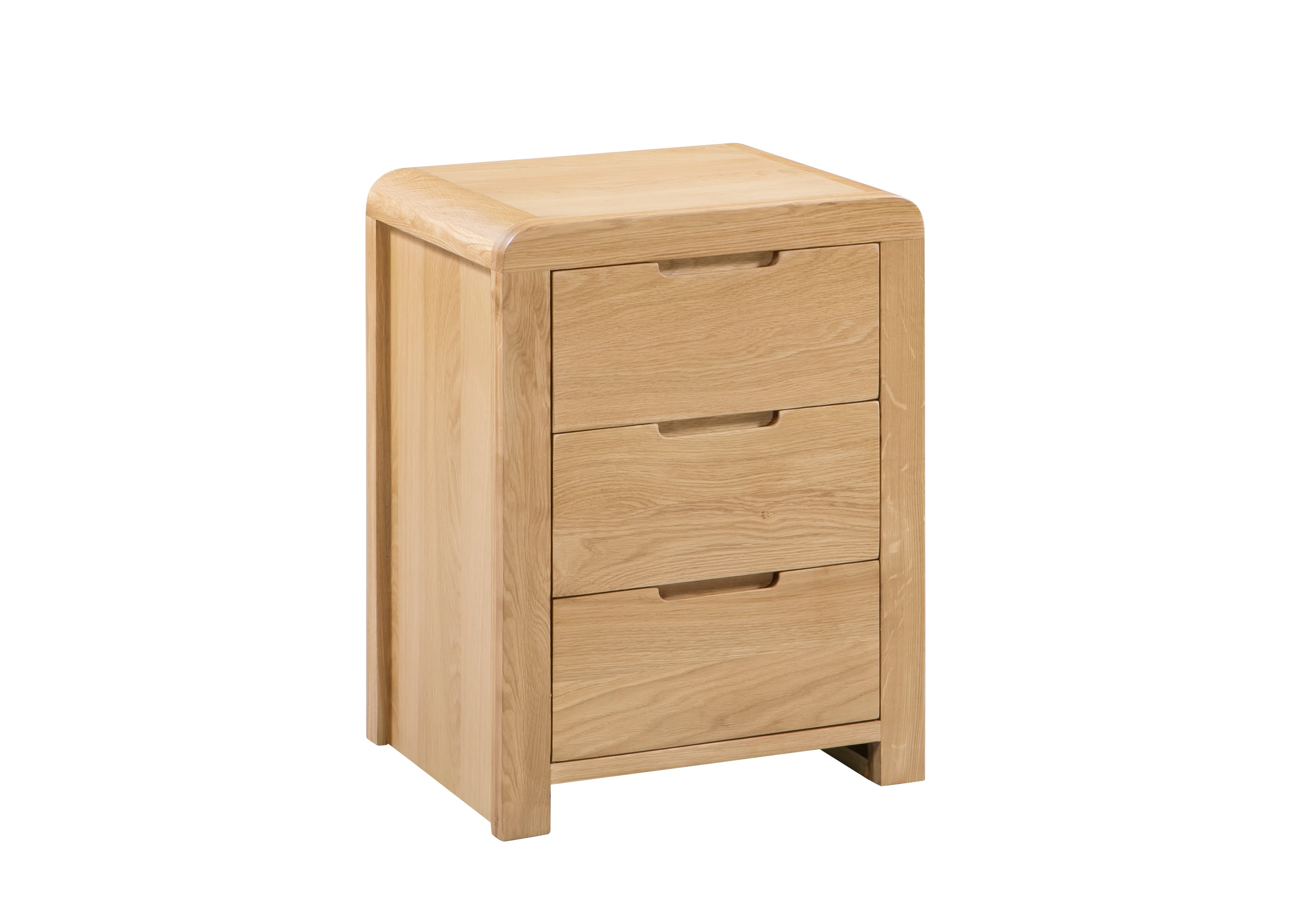 Wooden nightstand with three drawers on a white background