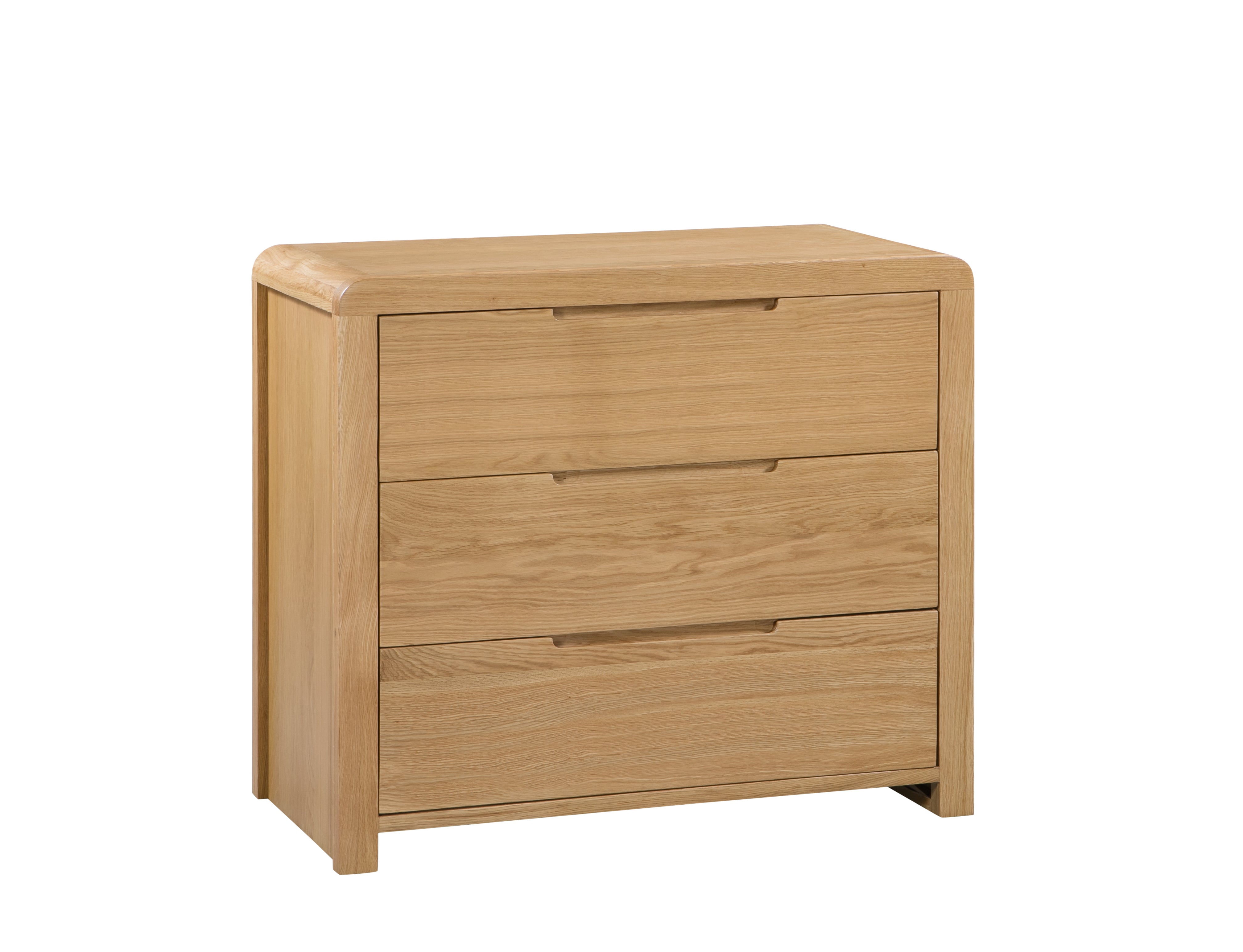 Wooden dresser with three drawers on a white background